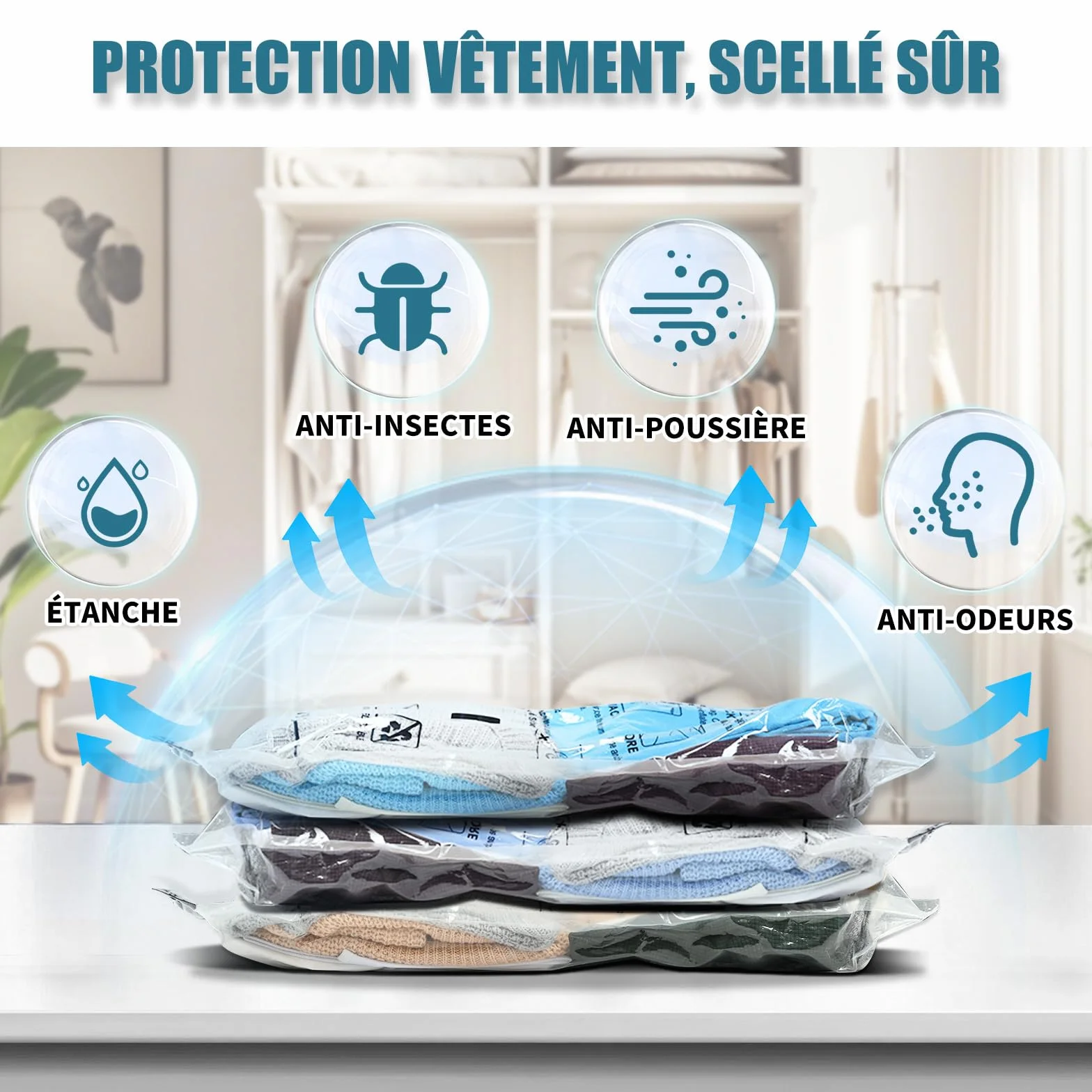 Sac Sous Vide Vetement Aspirateur 5 Pièces 3XL 100X80cm Housse de Rangement Réutilisable