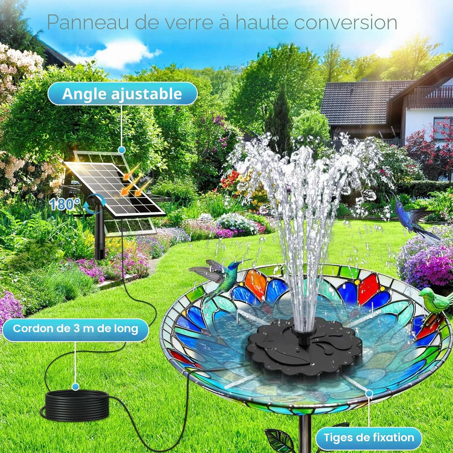 Fontaine Solaire 3.5W avec Pompe Bassin Extérieur, Câble 3M & 8 Buses