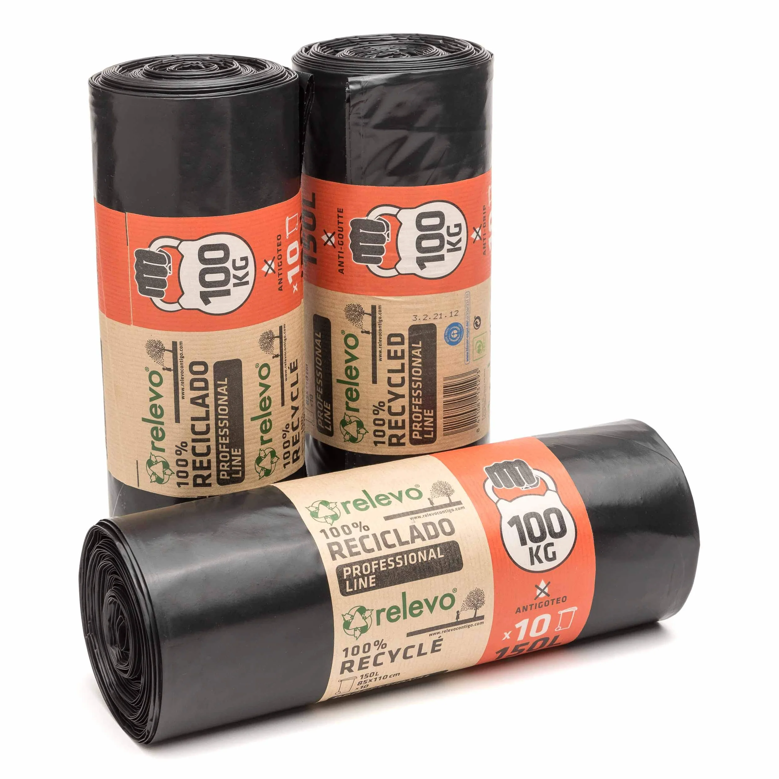 Relevo Sacs Poubelle Noirs Professionnels 150L 75 µm PEBD Recyclé 30 Sacs