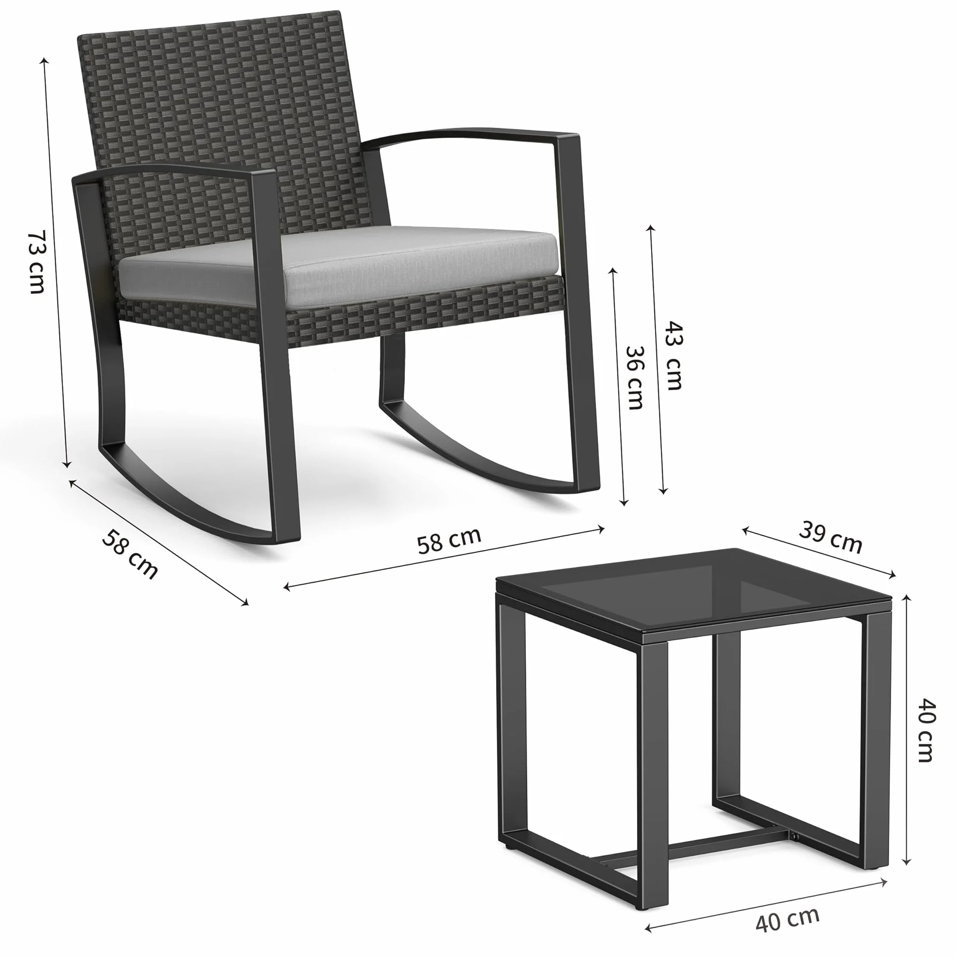 Bealife Ensemble Salon de Jardin 3 pièces Fauteuils à Bascule Table Basse Poly Rotin Coussins Gris