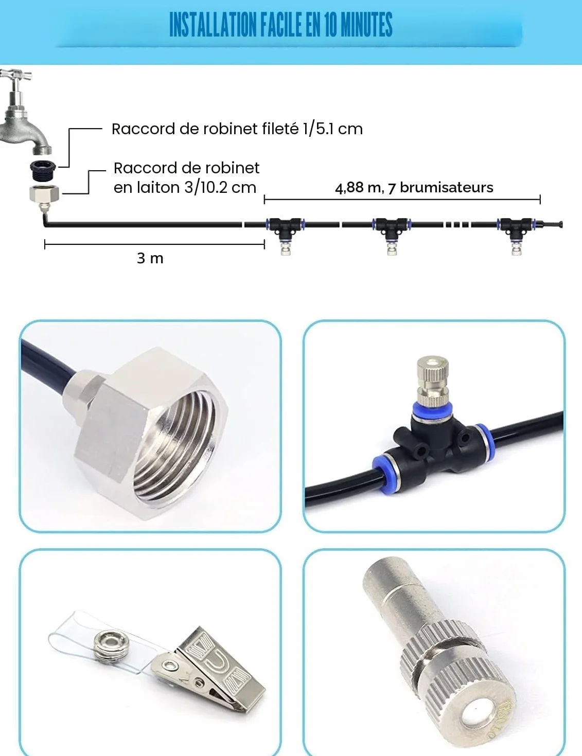 Tesmotor Kit de Refroidissement de Pulvérisation 8M, Système de Brumisation Extérieur avec 9 Buses en Laiton