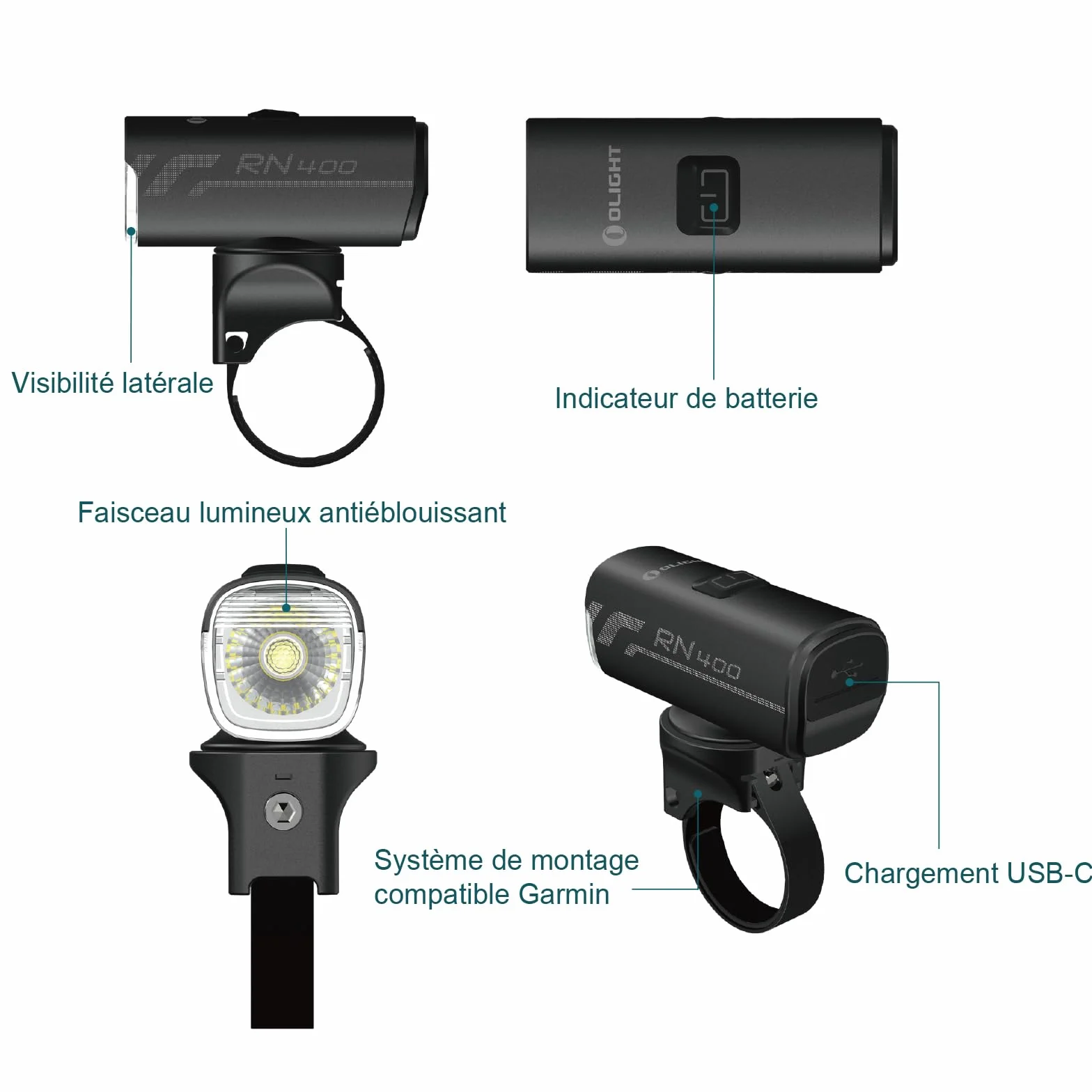OLIGHT RN 400 Lumière de Bicyclette 400 Lumens L'Autonomie 7H Appuyez Pendant 5S Éclairage de Vélo Étanche IPX 7 Projecteur Avant de Bike Puissant pour la Déverrouiller Phare Rechargeable Rapide