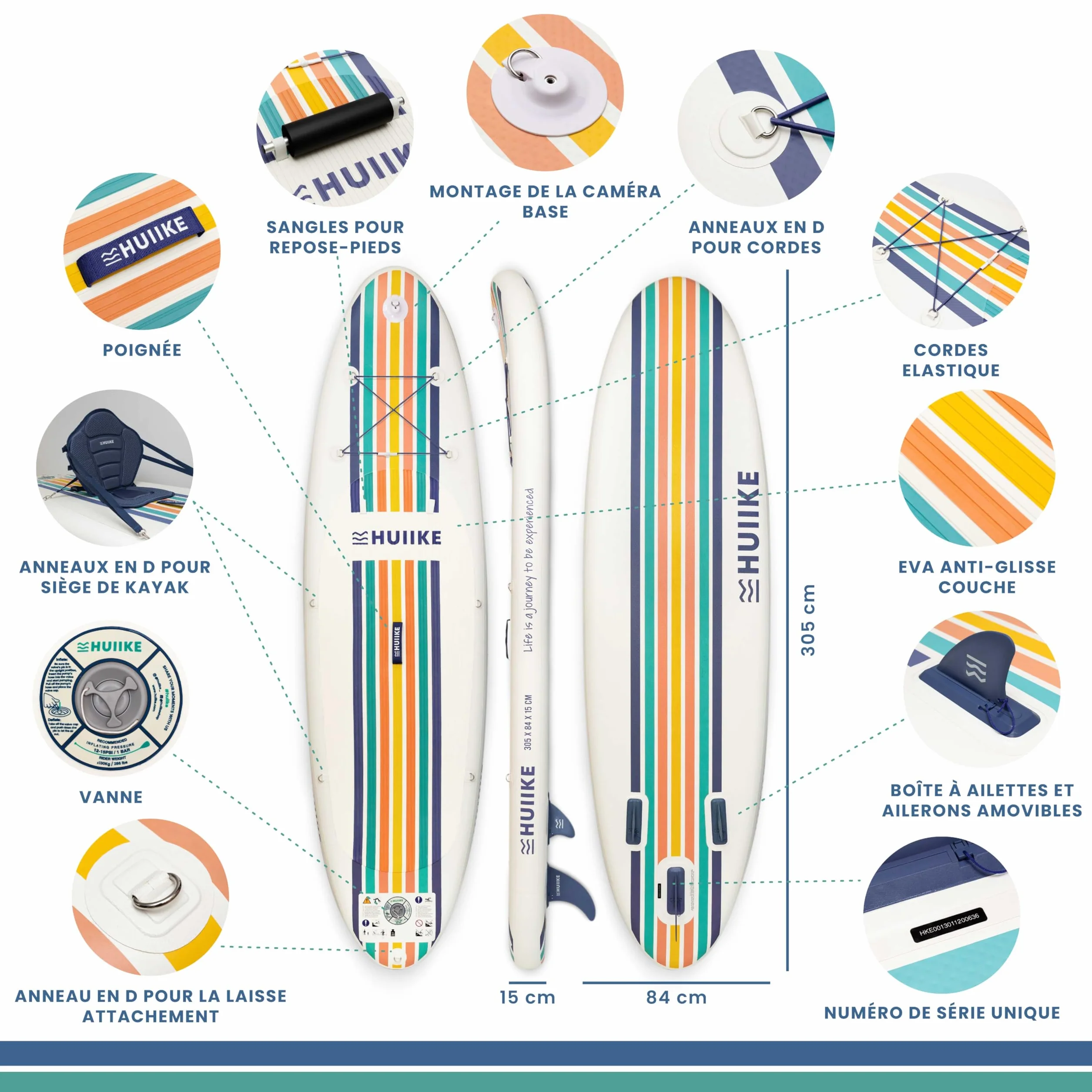 HUIIKE Paddle Gonflable Adulte avec Accessoires Inclus, Pagaie, Ailerons, Pompe. Planche de Stand Up Paddle Grande Stabilité et Résistance. 305 x 84 x 15 cm, Jusqu'à 130 kg