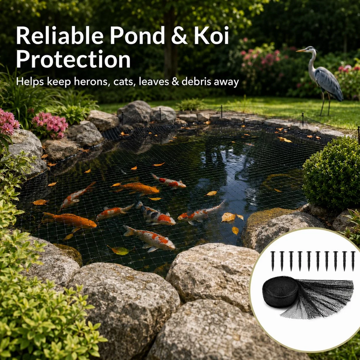 Kit de filet pour bassin à koï 4,5 x 6 m Noir Maille fine tissée Protection UV Réutilisable
