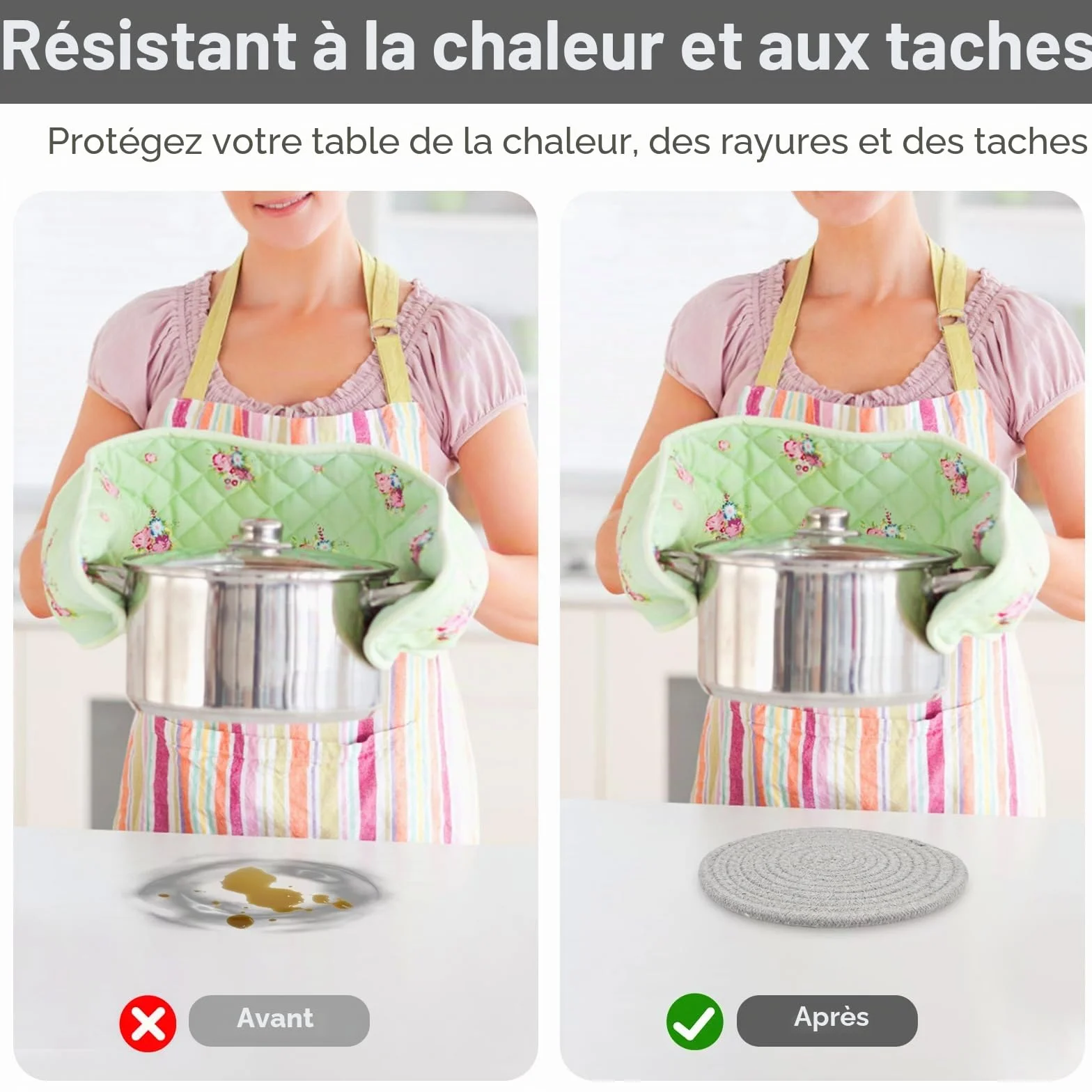 Lot de 4 Dessous de Plats Résistants à la Chaleur 18 cm en Coton Tissé Ronds