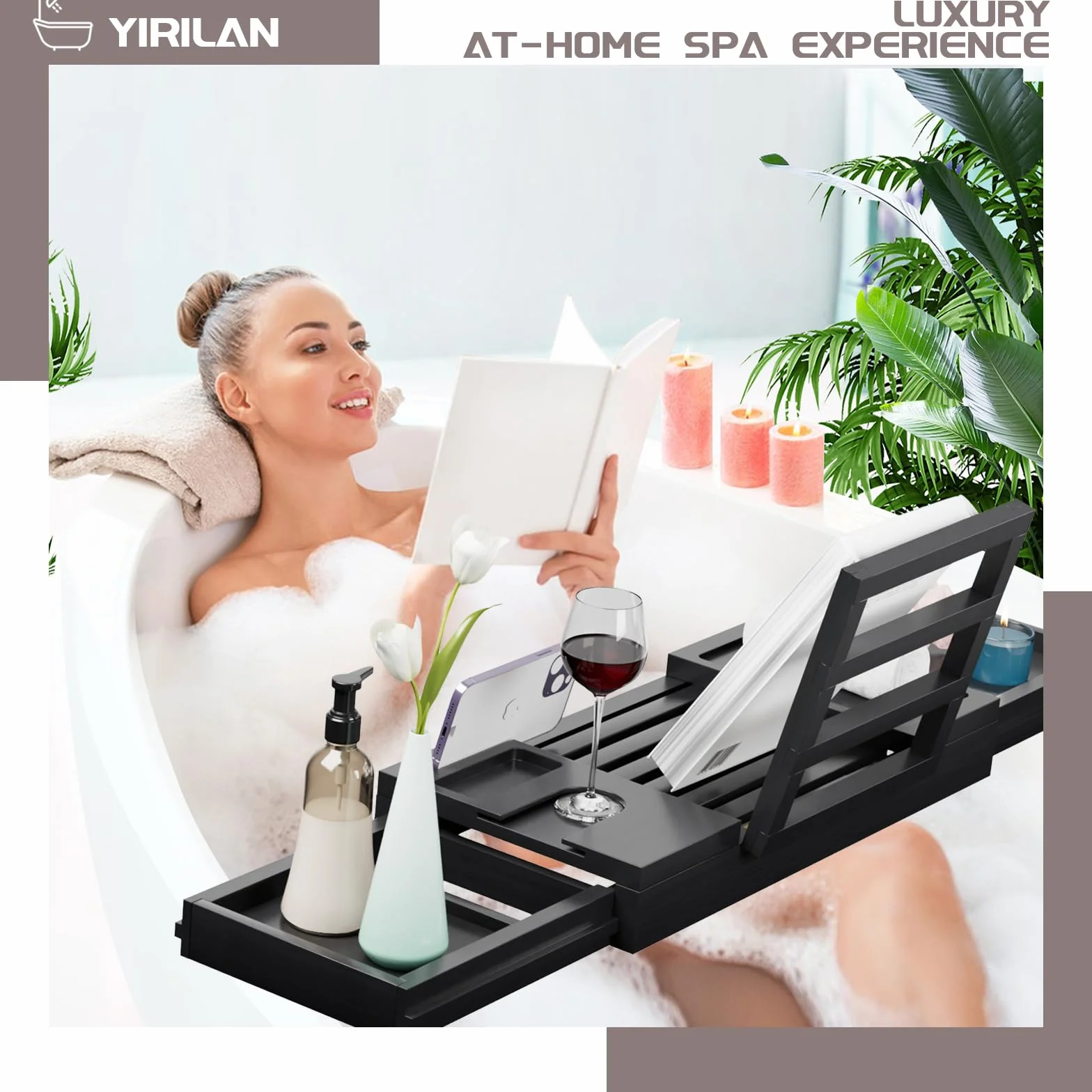 Plateau de baignoire en bambou extensible étanche Noir