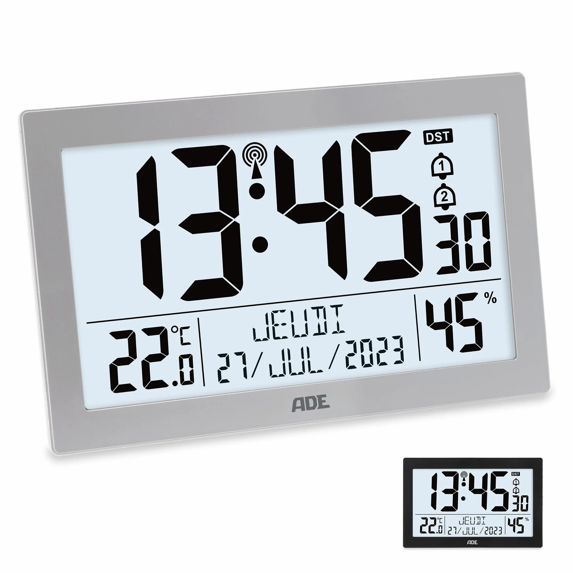 ADE Horloge radiopilotée numérique Grand écran XL avec thermomètre hygromètre réveil argenté