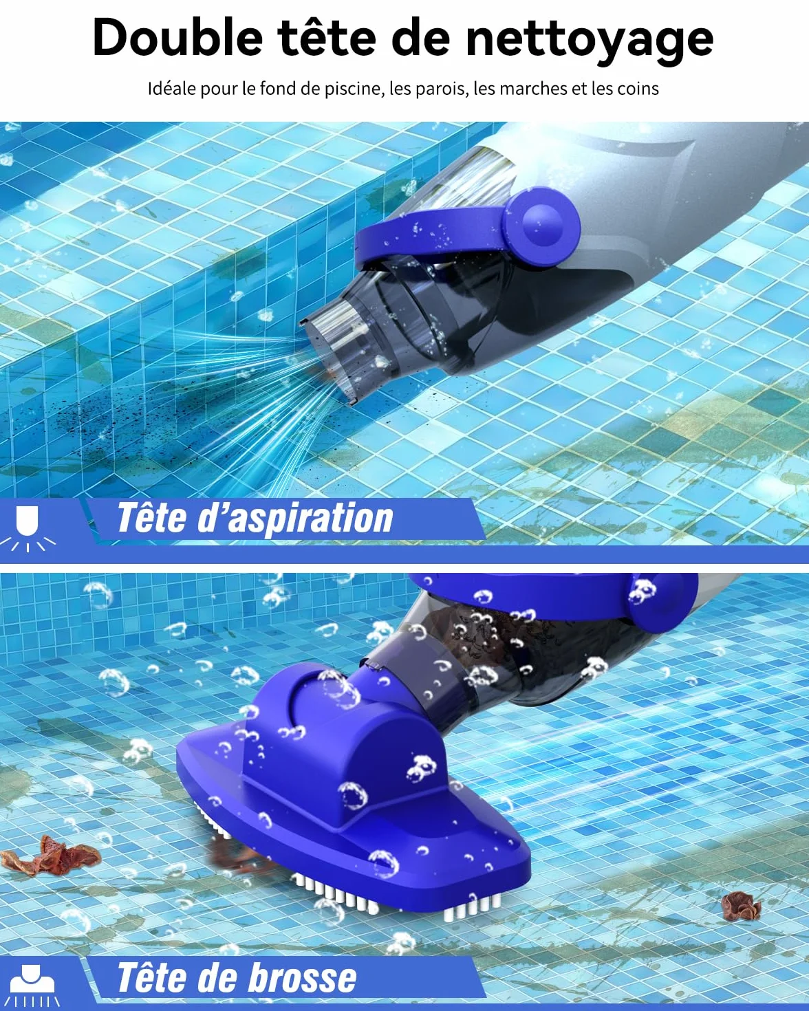 Aspirateur Piscine Manuel 60 Min Autonomie avec Filtres et Brosse pour Piscine Spa Jacuzzi