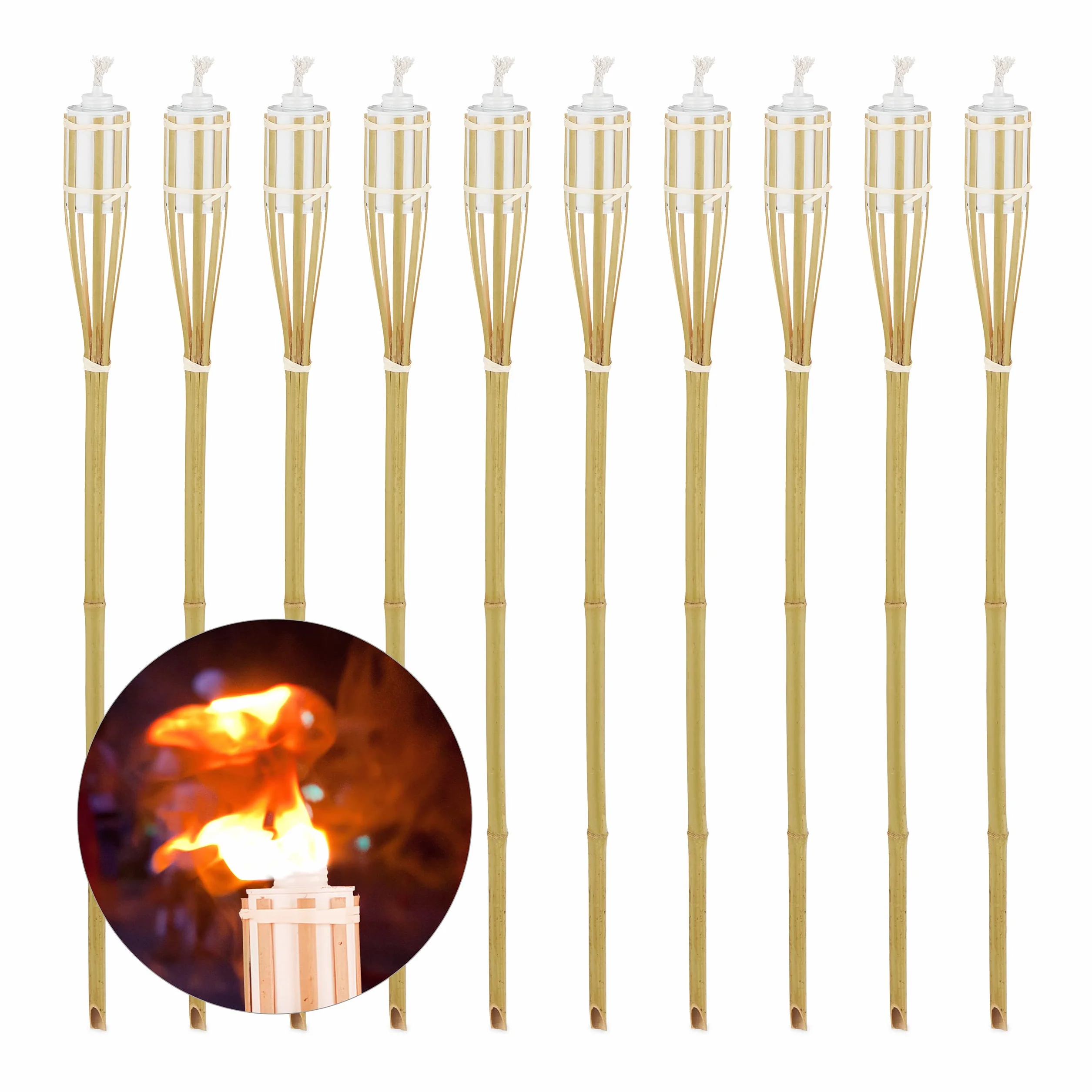 Relaxdays Flambeaux Bambou Set de 10 90x6 cm Rechargeable avec Mèches
