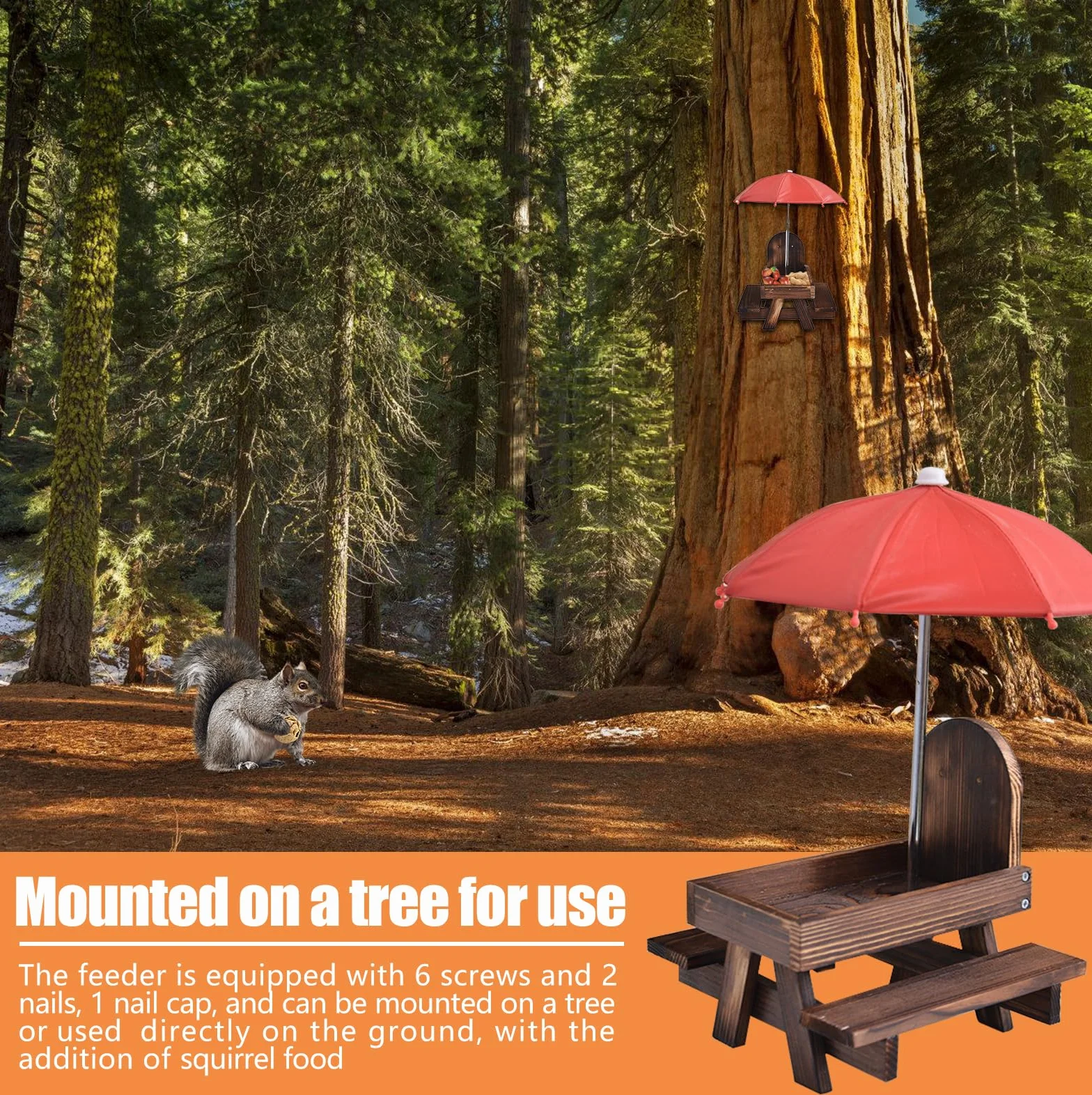 Mangeoire pour écureuils avec parapluie, table de pique-nique en bois, station d'alimentation résistante aux intempéries