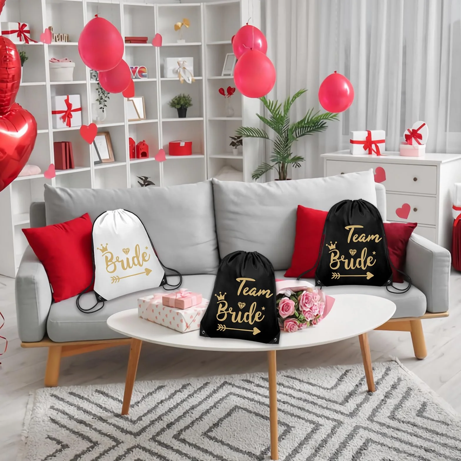 Lot de 8 sacs de gym avec cordon de serrage - Pour enterrement de vie de jeune fille - Pour fiançailles, JGA - Cadeau de mariage, Noir