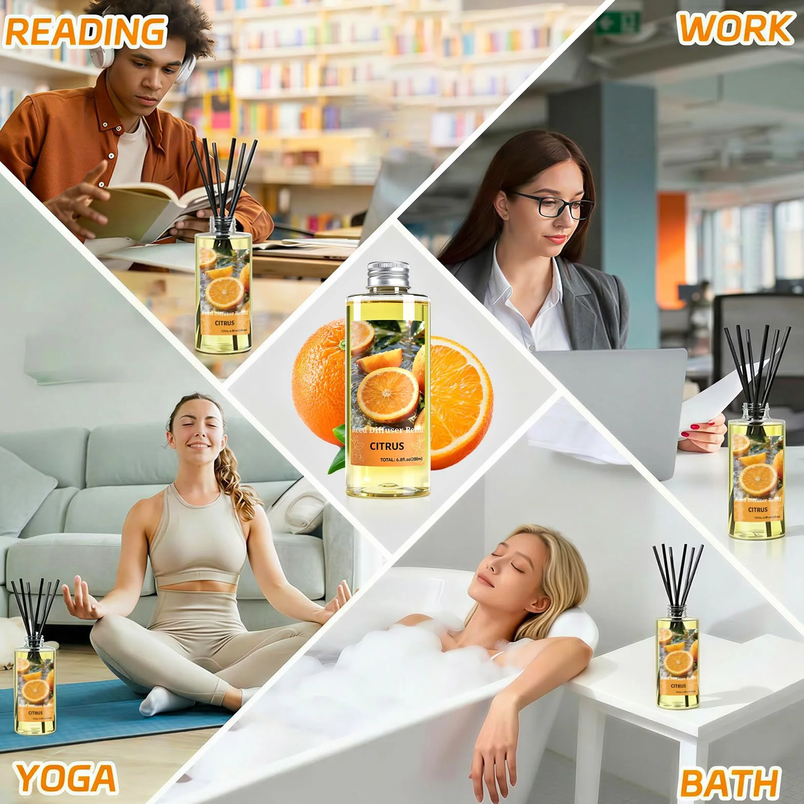 SCENTORINI Recharge Diffuseur de Parfum d'Agrumes 200ML avec 6 Batonnets Parfum Ambiance Maison
