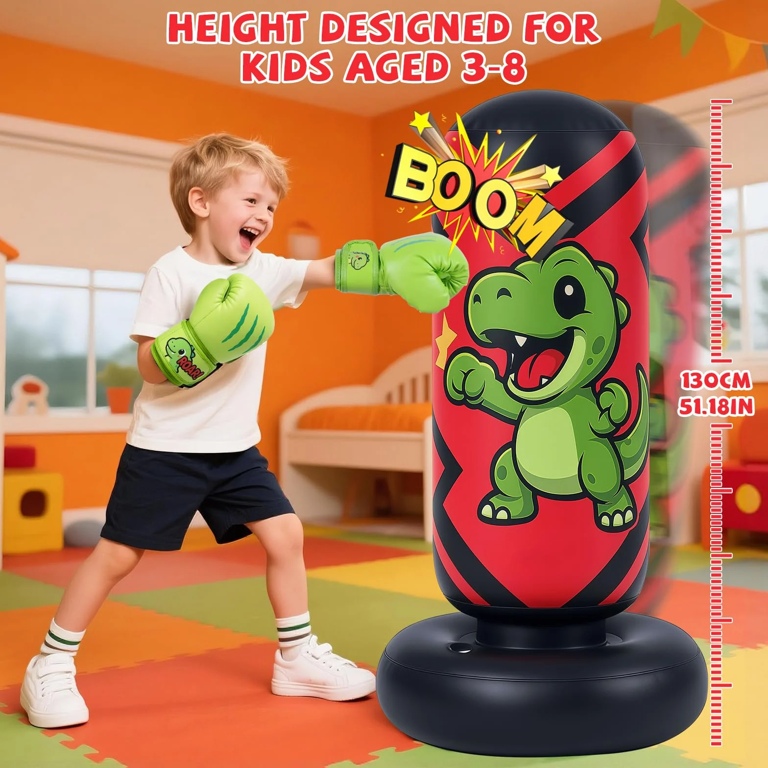Sac de Frappe Enfant, Qoosea 130cm Punching Ball Enfants avec Gants de Boxe, Gonflable Sac de Boxe, Cadeau Parfait pour Garçons et Filles 3 à 8 Ans pour Karaté, Taekwondo