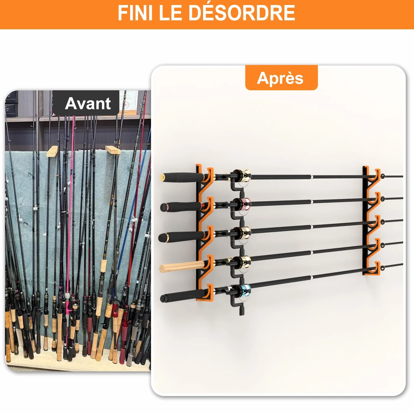 Support Canne a Peche Mural 2 Pièces, Rangement Horizontal pour 10 Cannes avec Protection PU Souple, Noir/Jaune