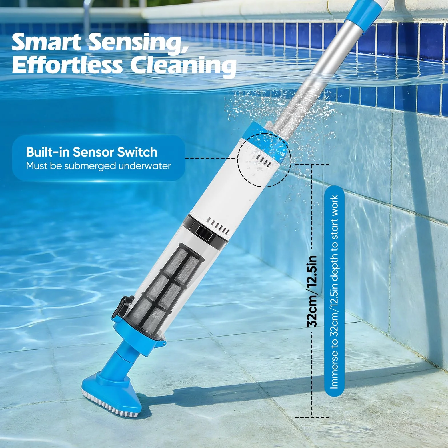 Aspirateur Piscine Rechargeable Nettoyeur avec Perche Télescopique 103.5–162.5cm Forte Aspiration 3 Têtes Piscines Hors‑Sol Enterrées Spas