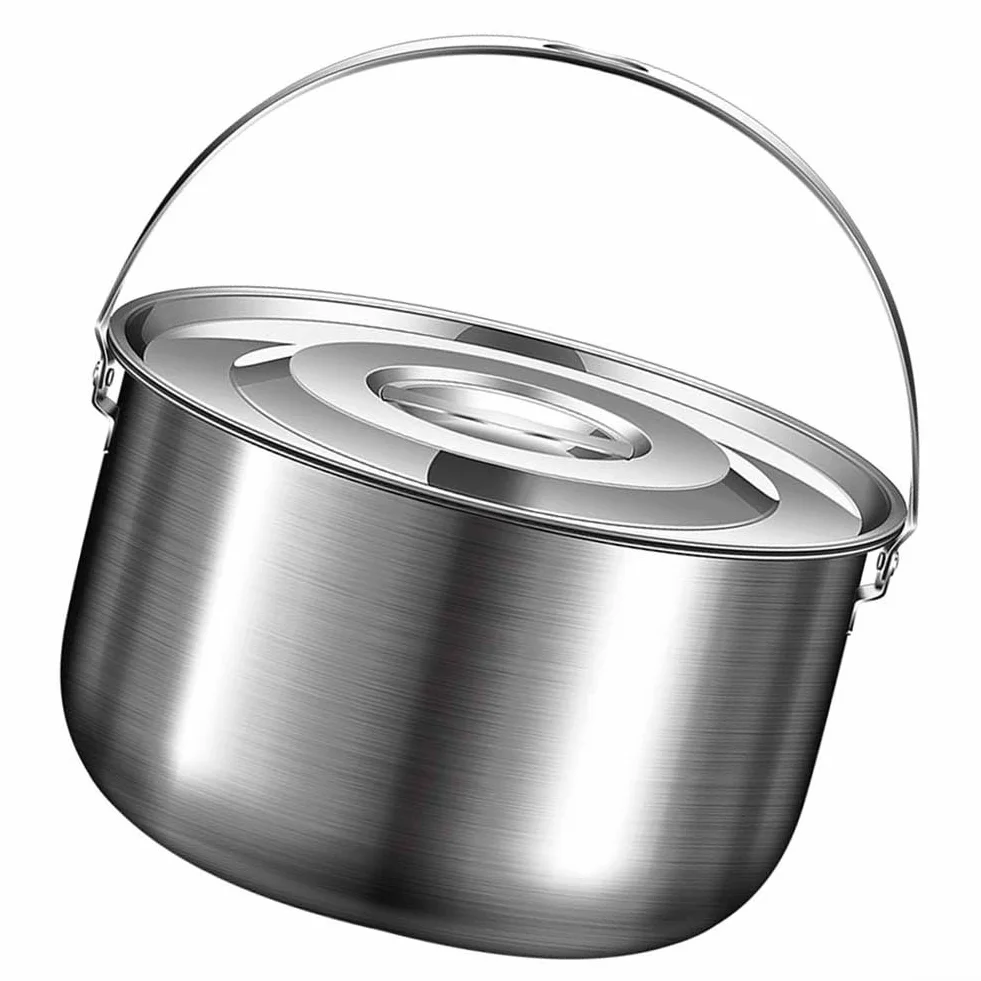 Casserole de camping en acier inoxydable avec couvercle et poignée - 1,4 L/2,4 L/4 L/6 L - Batterie de cuisine d'extérieur pour feu de camp, ragoût, bouillir et pique-niques (4 L)