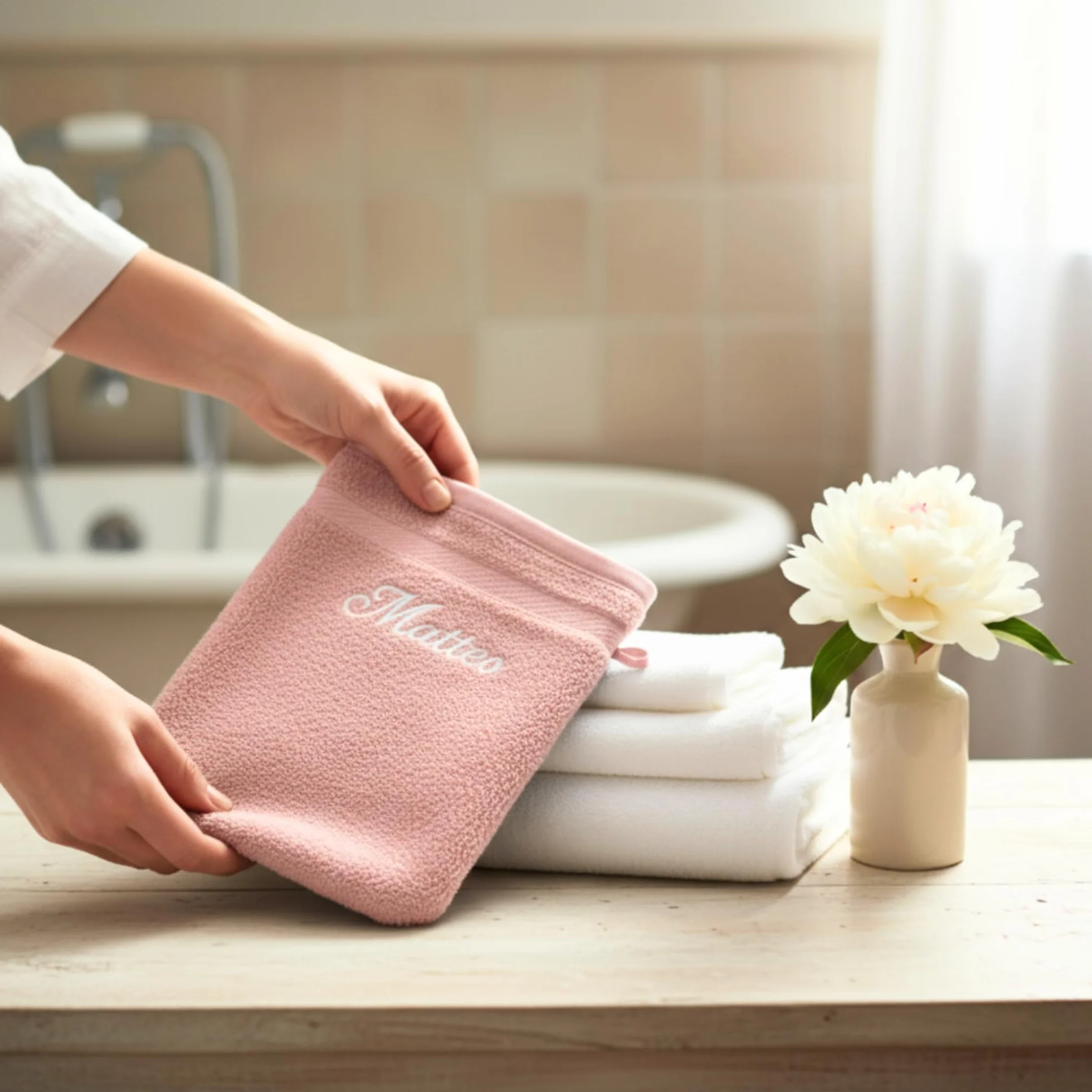 Gant de Toilette personnalisé Rose – Éponge Coton 15x21 cm – Broderie prénom ou initiales – Fabrication Artisanale française