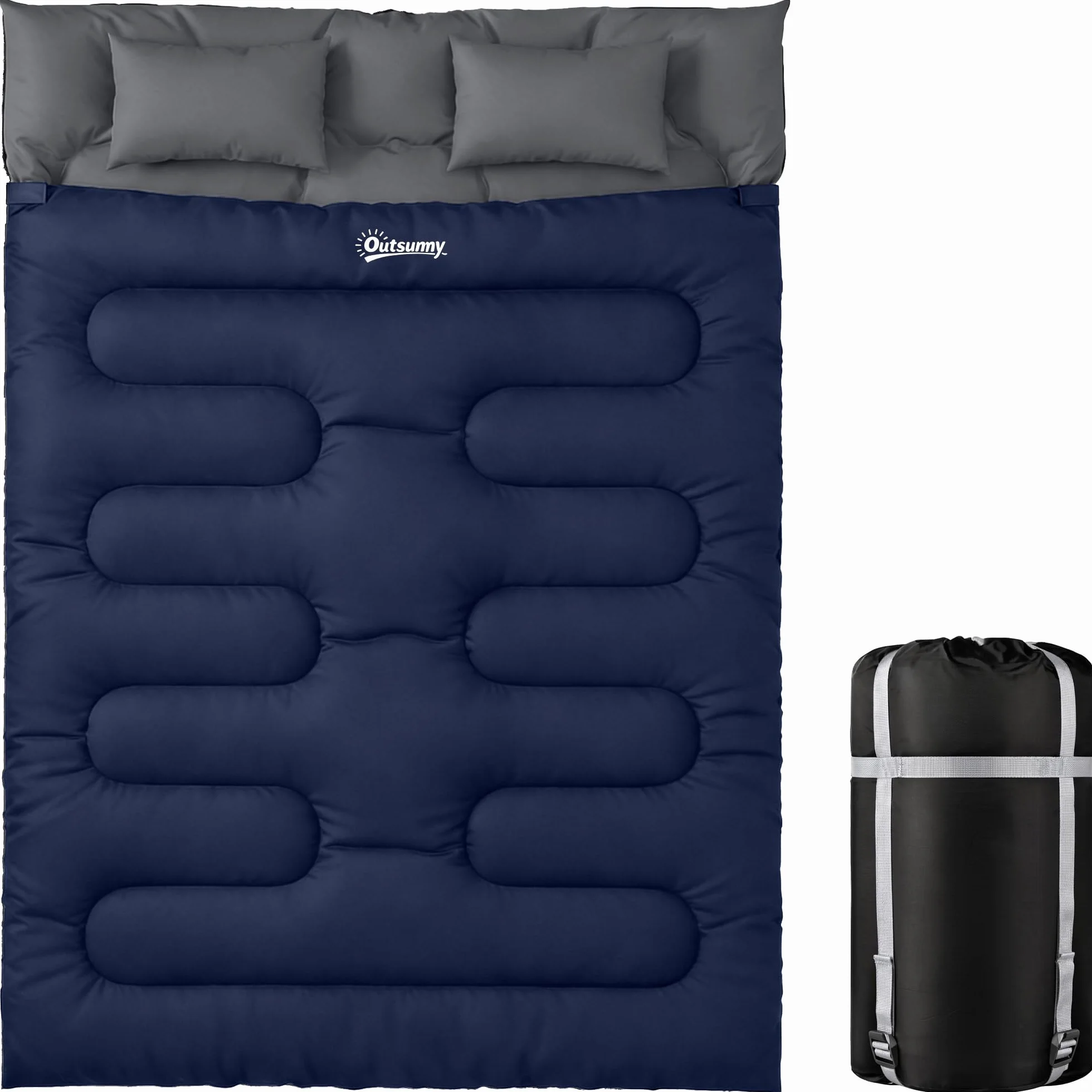 Outsunny Sac de couchage double adulte, léger, taille Queen pour 2 personnes 3 saisons, sac de couchage rectangulaire avec 2 oreillers et sac de transport, pour les jours froids, le camping, la