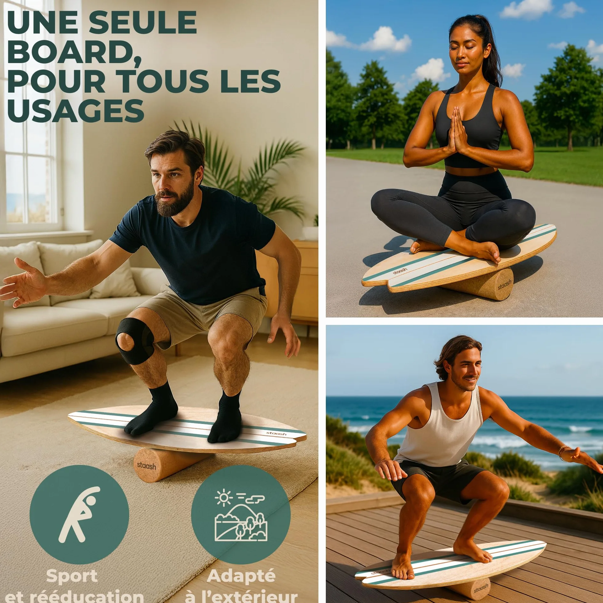 STAASH Balance Board en Bois Premium – Planche d'Équilibre Antidérapante avec Rouleau en Liège pour Surf, Fitness, Yoga et Rééducation