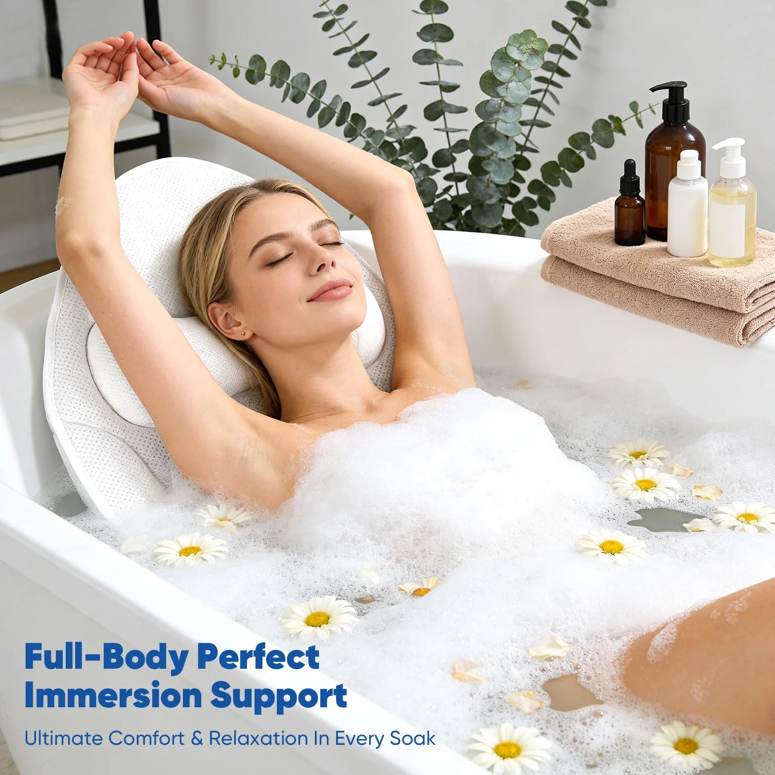 Coussin de bain complet avec repose-nuque et sac de rangement, tapis de bain 5D respirant, blanc