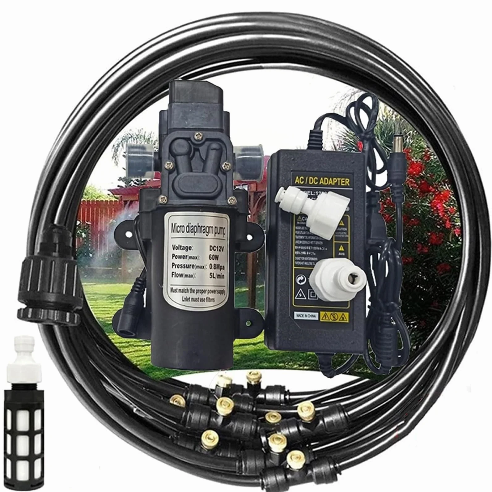 Système de Brumisateur Extérieur Pompe 12V, Kit Brumisation Patio Micro Sprinkler Irrigation Jardin 9M