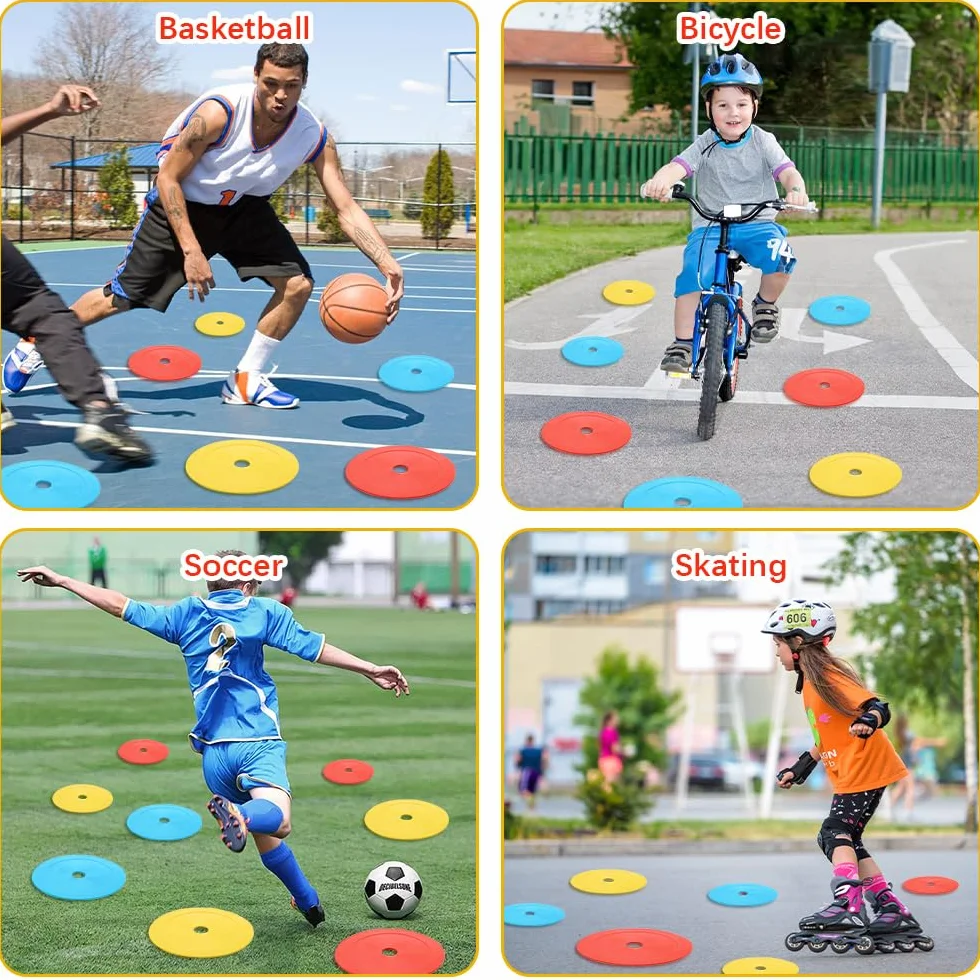 Lot de 24 Disques de Marquage Plat 15cm Antidérapants Souples avec Support de Rangement pour Football Basket Handball