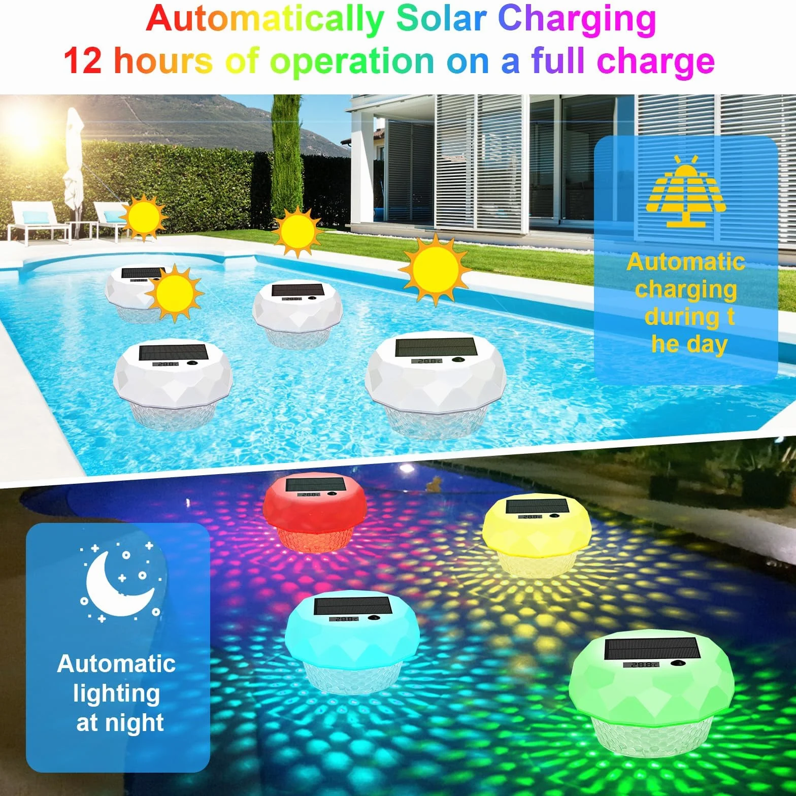 Lumiere Solaires Piscine LED RGB avec Thermomètre Télécommande IP68 Lampe Flottante