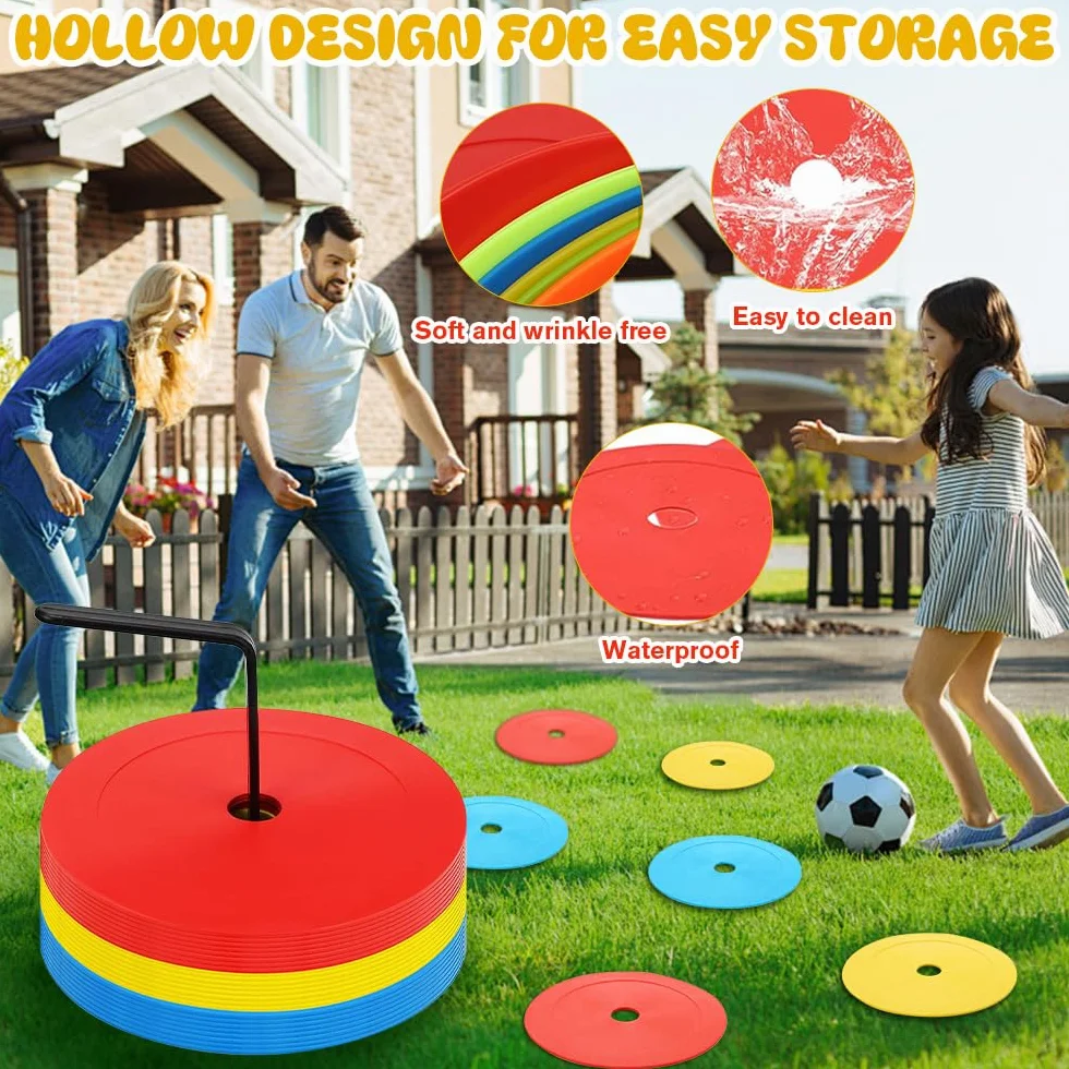 Lot de 24 Disques de Marquage Plat 15cm Antidérapants Souples avec Support de Rangement pour Football Basket Handball
