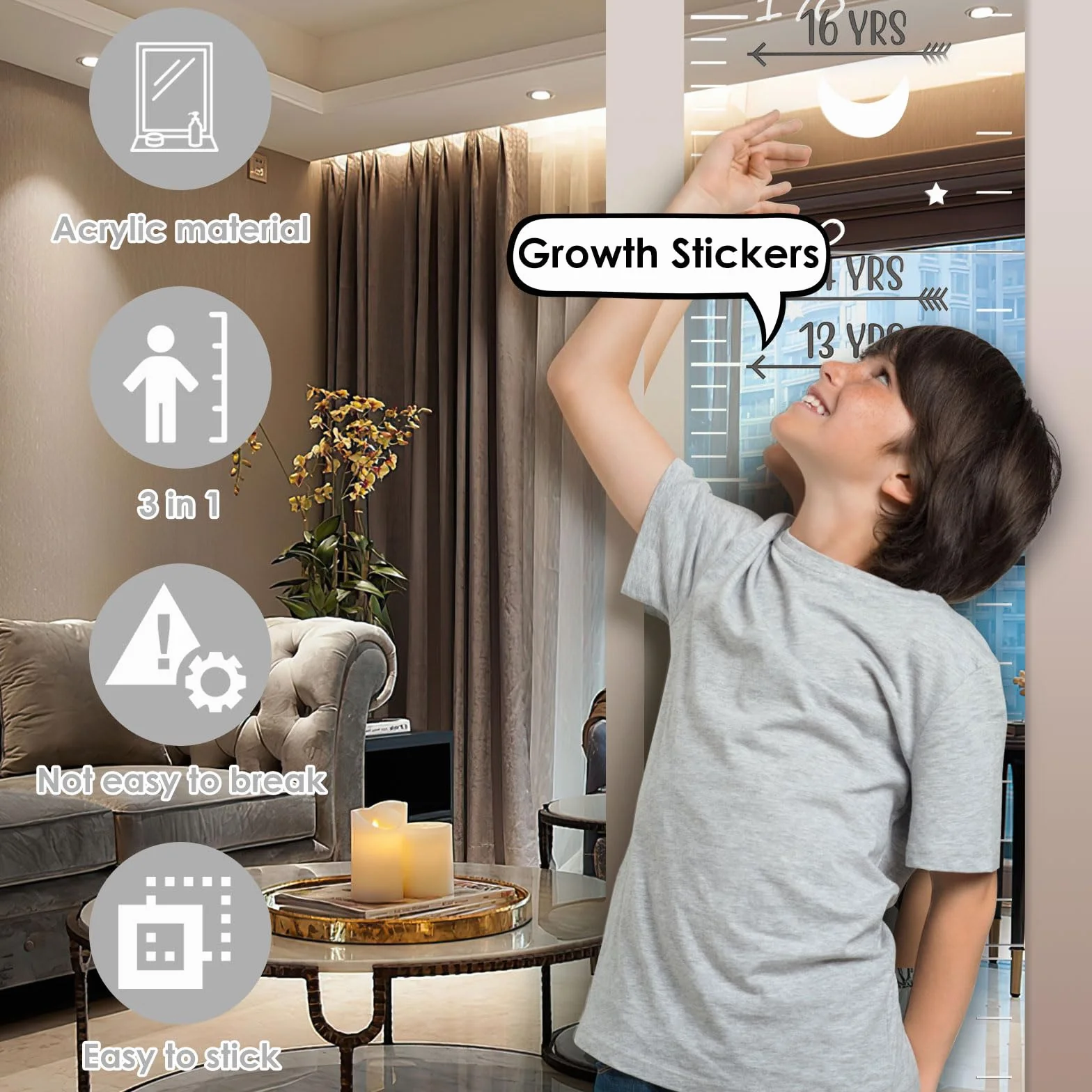 Tableau de croissance enfant 3 en 1 miroir autocollants règle souple mur puzzle hauteur
