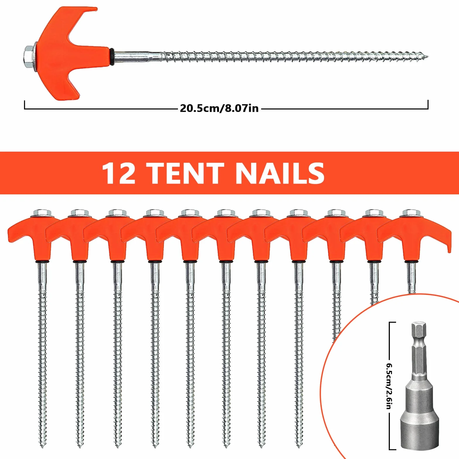 Sardines pour Tente, 12 PCS Piquets de Tente, 1 Douille Hexagonale, Métal Sardines Camping, Piquet en Acier avec Filetage, Résistants pour Camping, Randonnée et Plage (Orange)