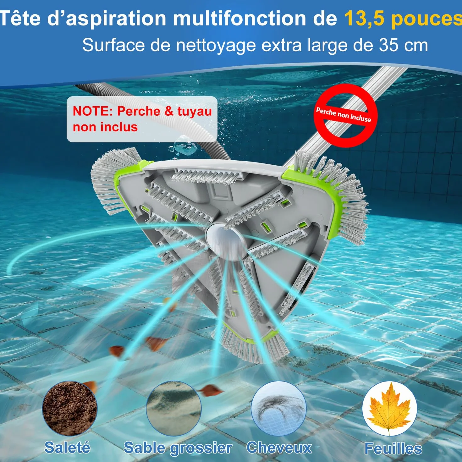 Brosse Piscine Triangle 35cm Raccord Aspiration 32/38mm pour Piscine Hors Sol & Enterrée