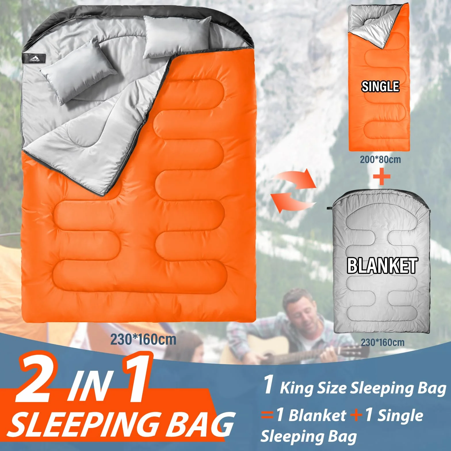 MEREZA Sac de couchage XL pour homme - Sac de couchage double pour adulte - Grand sac de couchage pour camping - Grand sac de couchage pour 2 personnes - King size - Chaud et froid