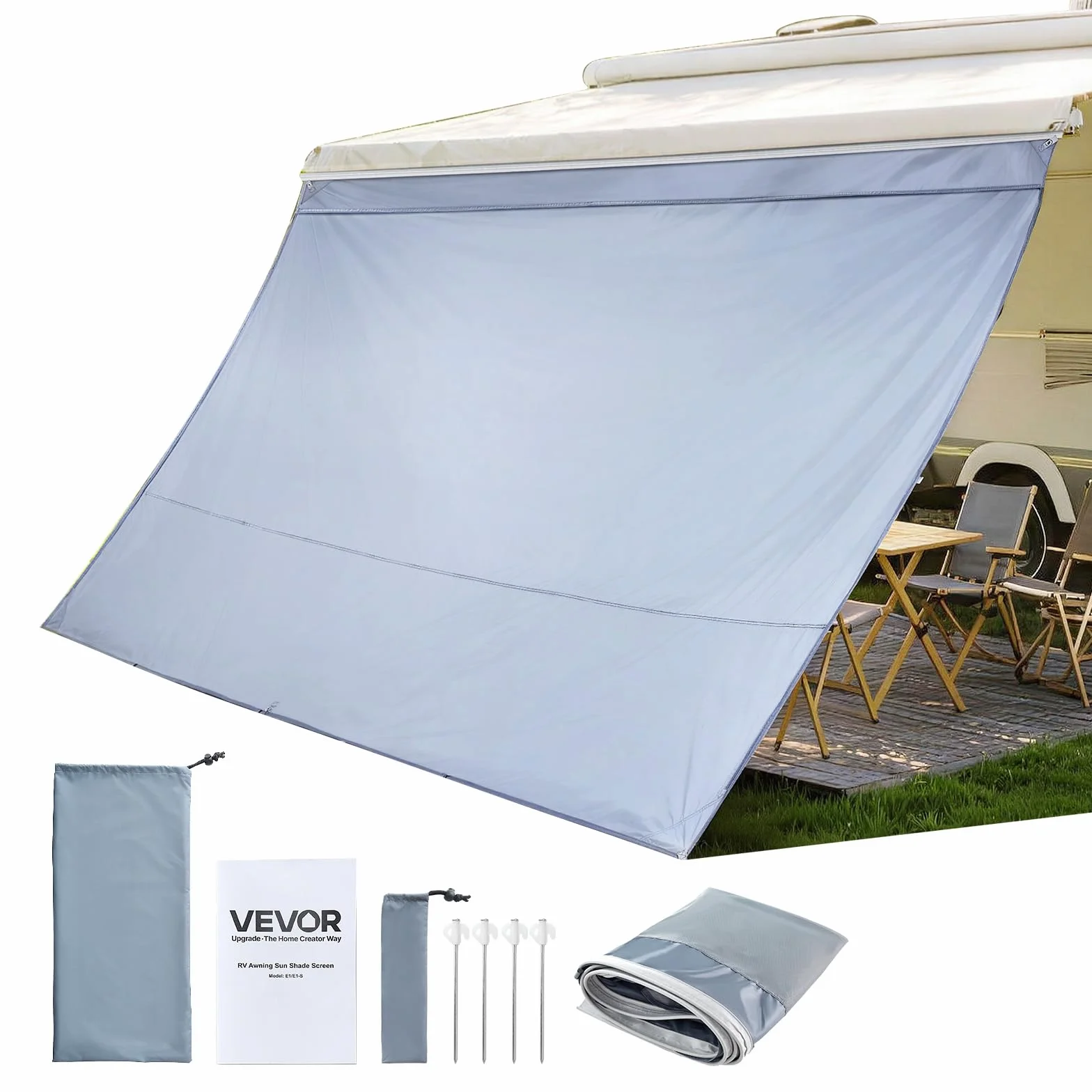 VEVOR Paroi Avant pour Store de Camping-Car 2x3,7 m, Façade de Store Compatible avec Auvent 4 m, Pare-Soleil Caravane Voyage, avec Couverture Zippée en PU UV50+, Maille Polyester Double Couture