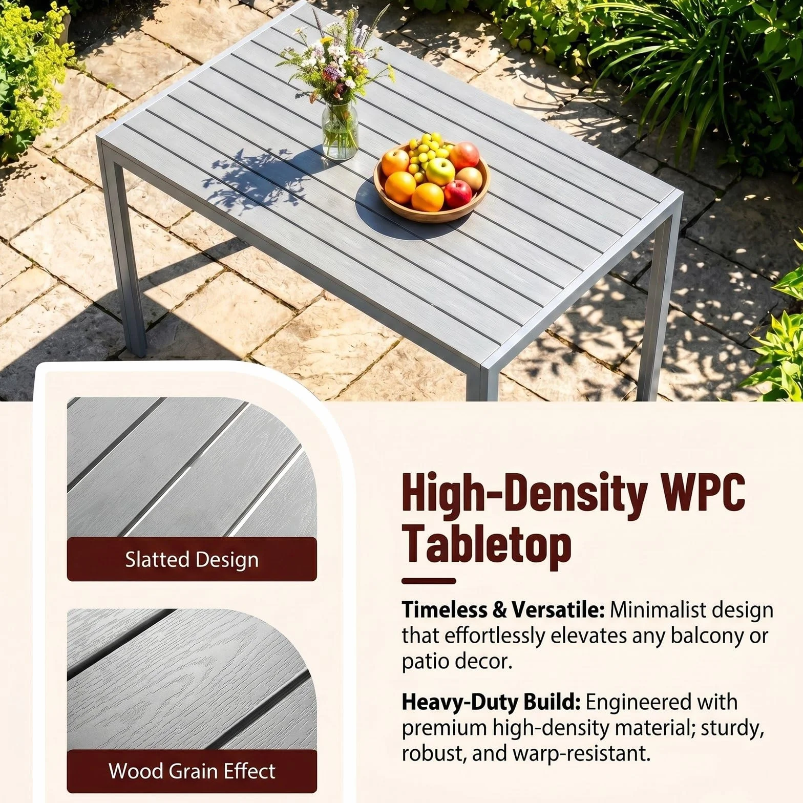 LIFERUN Table de Jardin Moderne en WPC 110 x 70 cm, Table de Terrasse Extérieure pour 4-6 Personnes, Gris