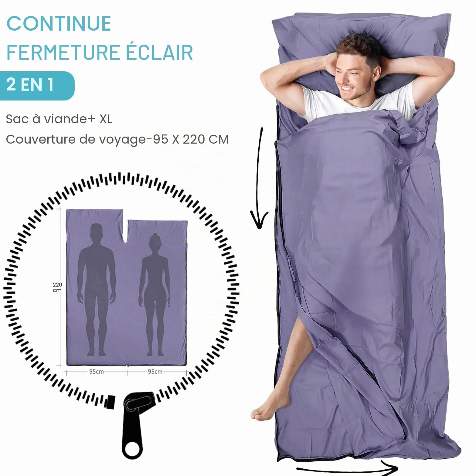 Sac de Couchage Cabane 2-en-1 Microfibre Fermeture Éclair Intégrale 95x220 cm