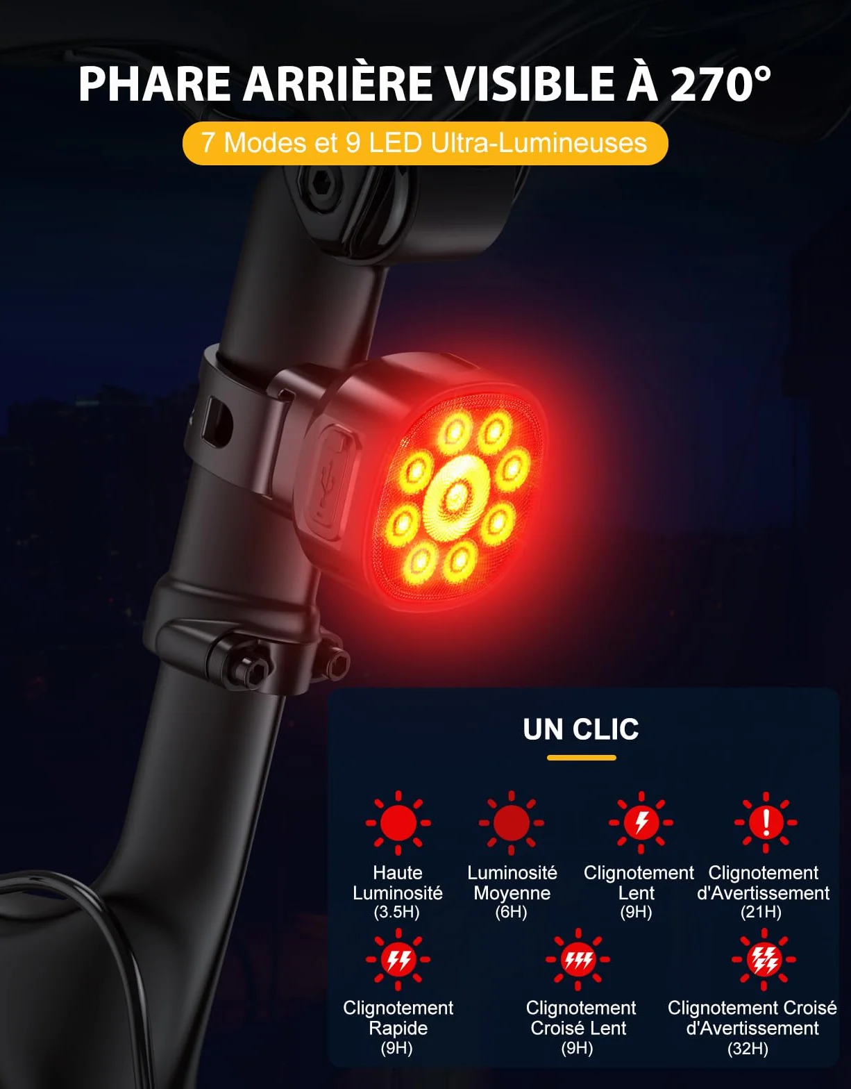 ISEYOU Lumiere Velo, [8+7 Modes & 9+9 LED Puissant] Eclairage Velo Rechargeable par USB Lampe Velo Avant et Arrière, Lumière Vélo Étanche IP65 pour Cyclysme, VTT, Moto, Trotinette Phare Feux Arrière