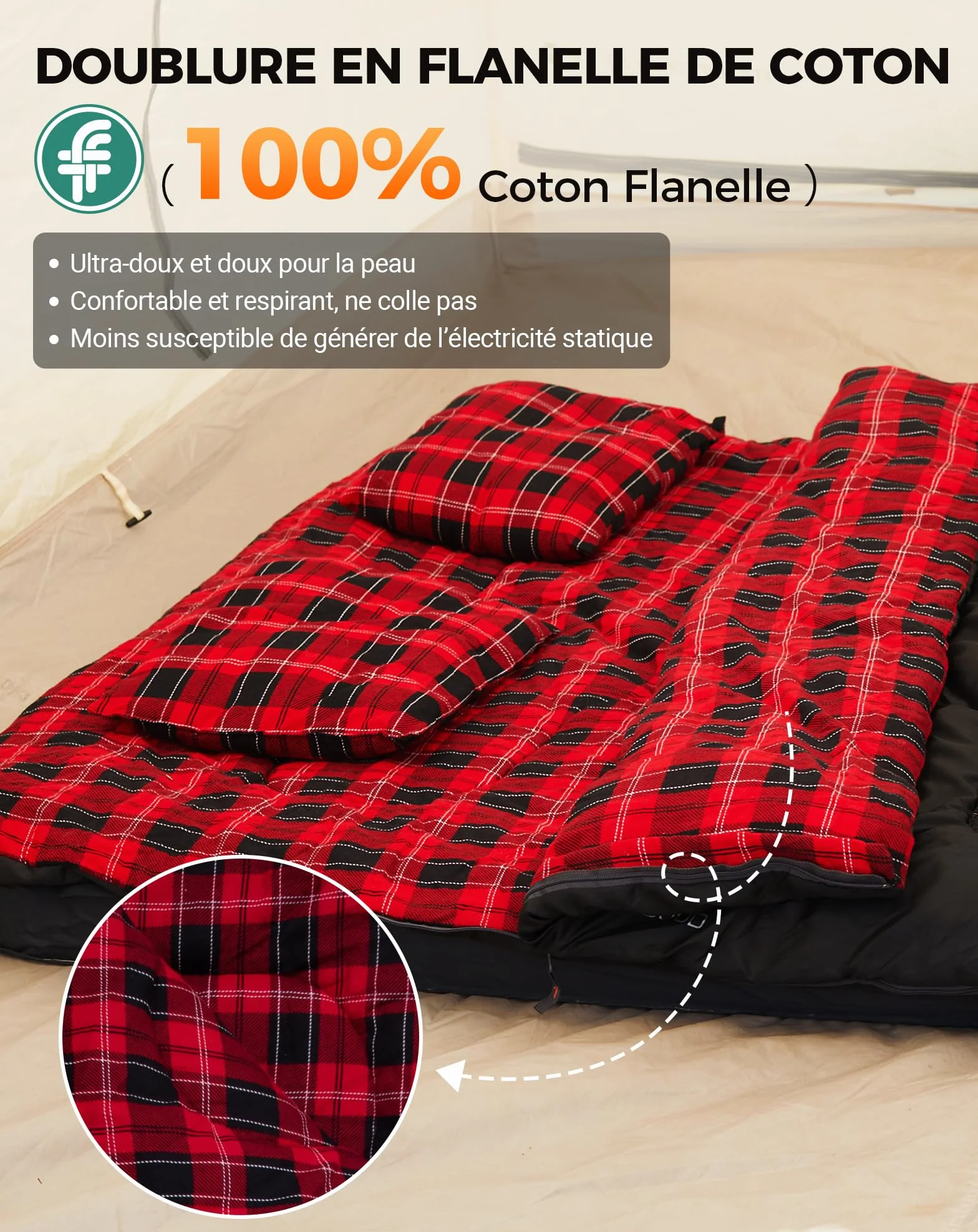 KingCamp Sac de Couchage Double 220x150cm avec 2 Oreillers pour Camping
