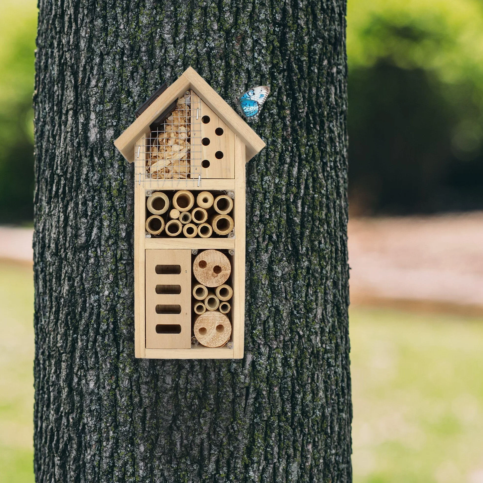 FISHTEC Hôtel à Insecte Maison Solaire en Bois 10 LED Panneau de Pin Massif Refuge Toutes Saisons