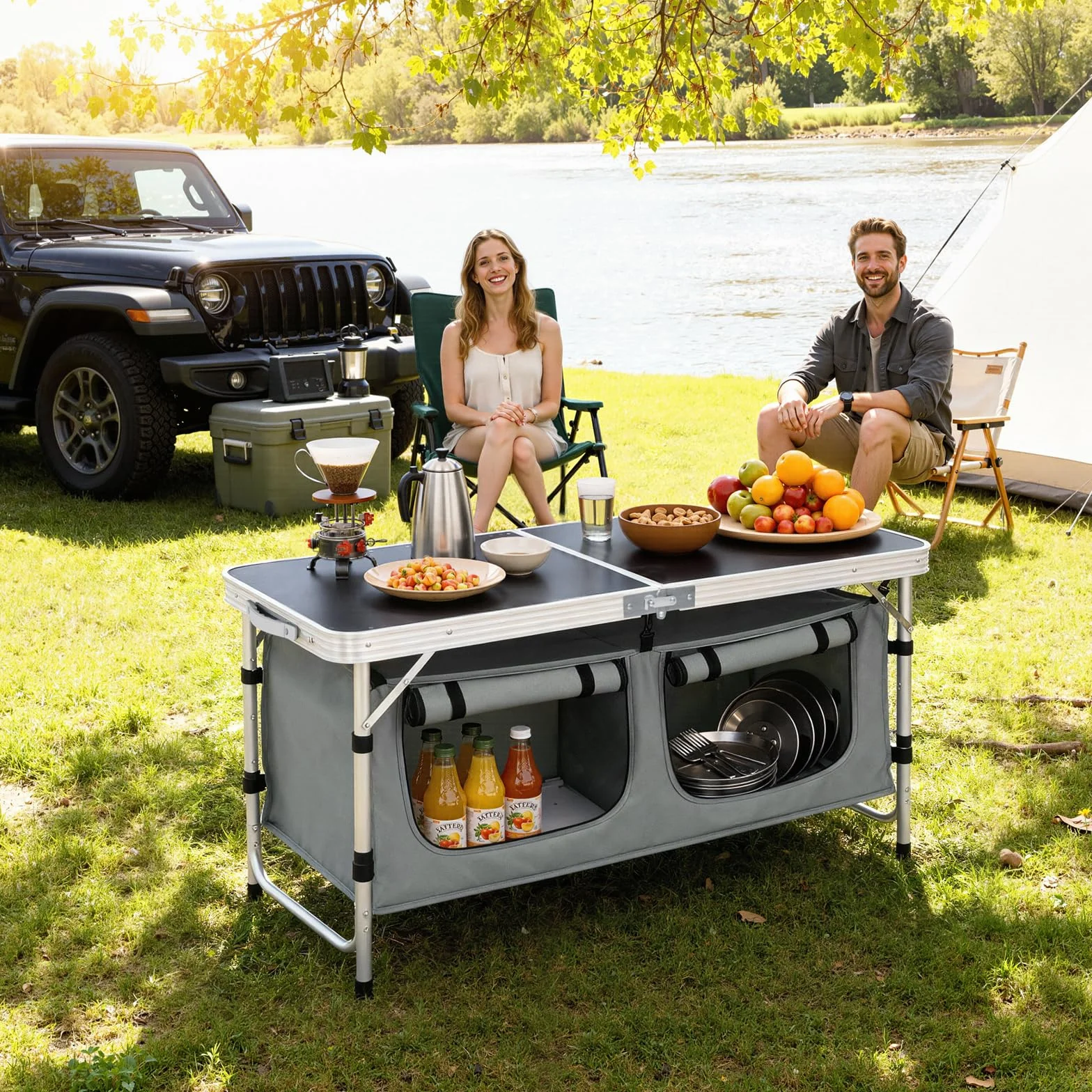 WOLTU Table de Pique-Nique Pliante en Aluminium Réglable en Hauteur pour 4-6 Personnes Noir + Gris