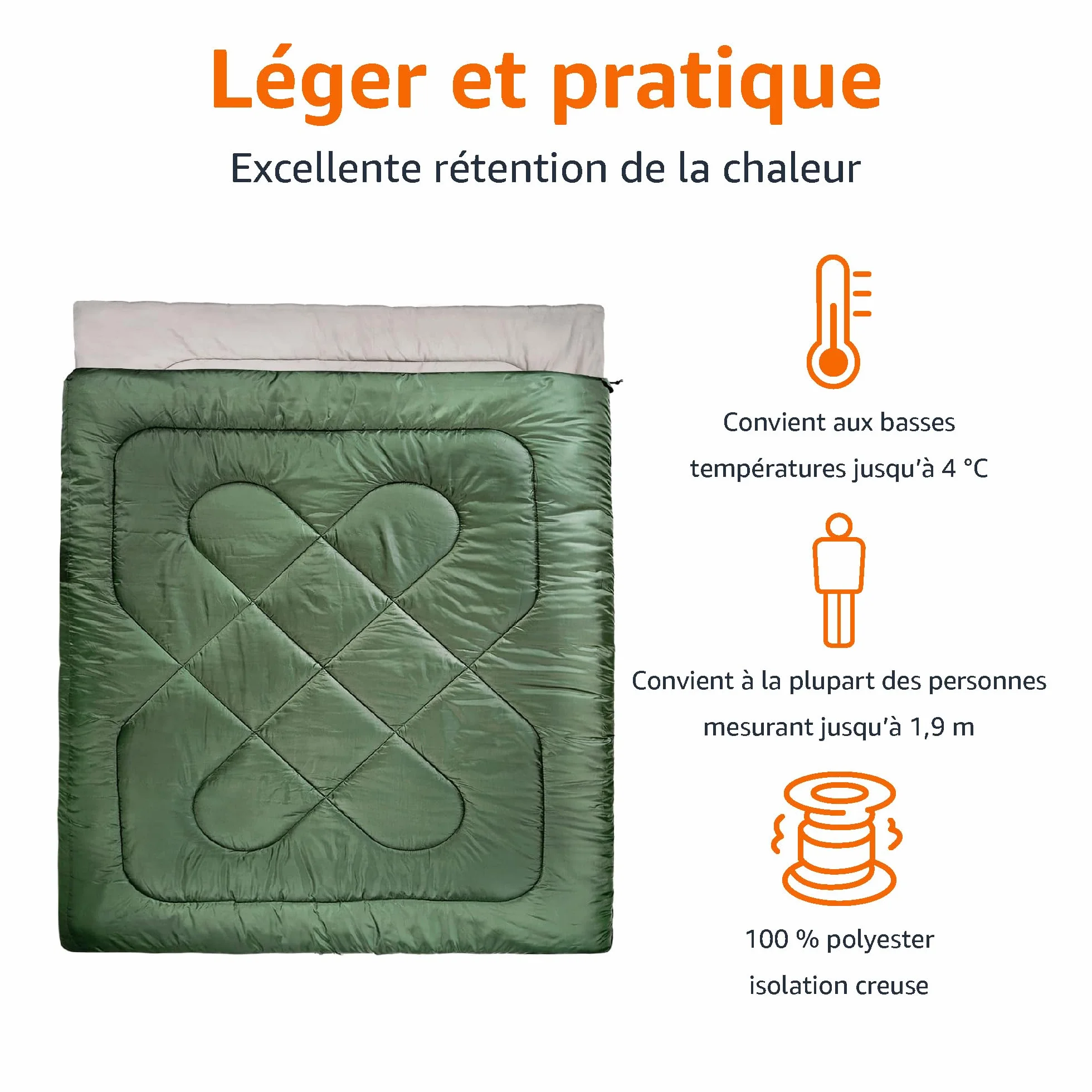Amazon Basics Rectangulaire Sac de couchage camping randonnée temps froid Double size Vert olive