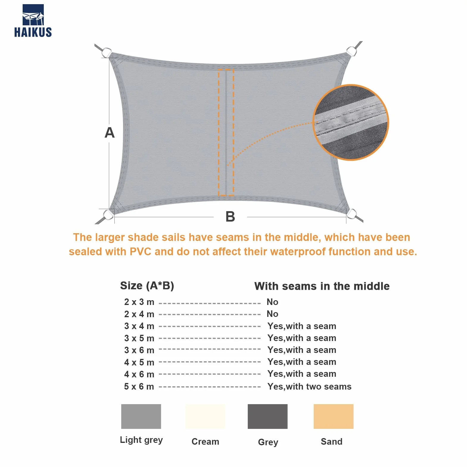 HAIKUS Voile d'ombrage imperméable rectangulaire 2x3m, Toile PES résistant à l'eau, Protection UV 98%, Crème