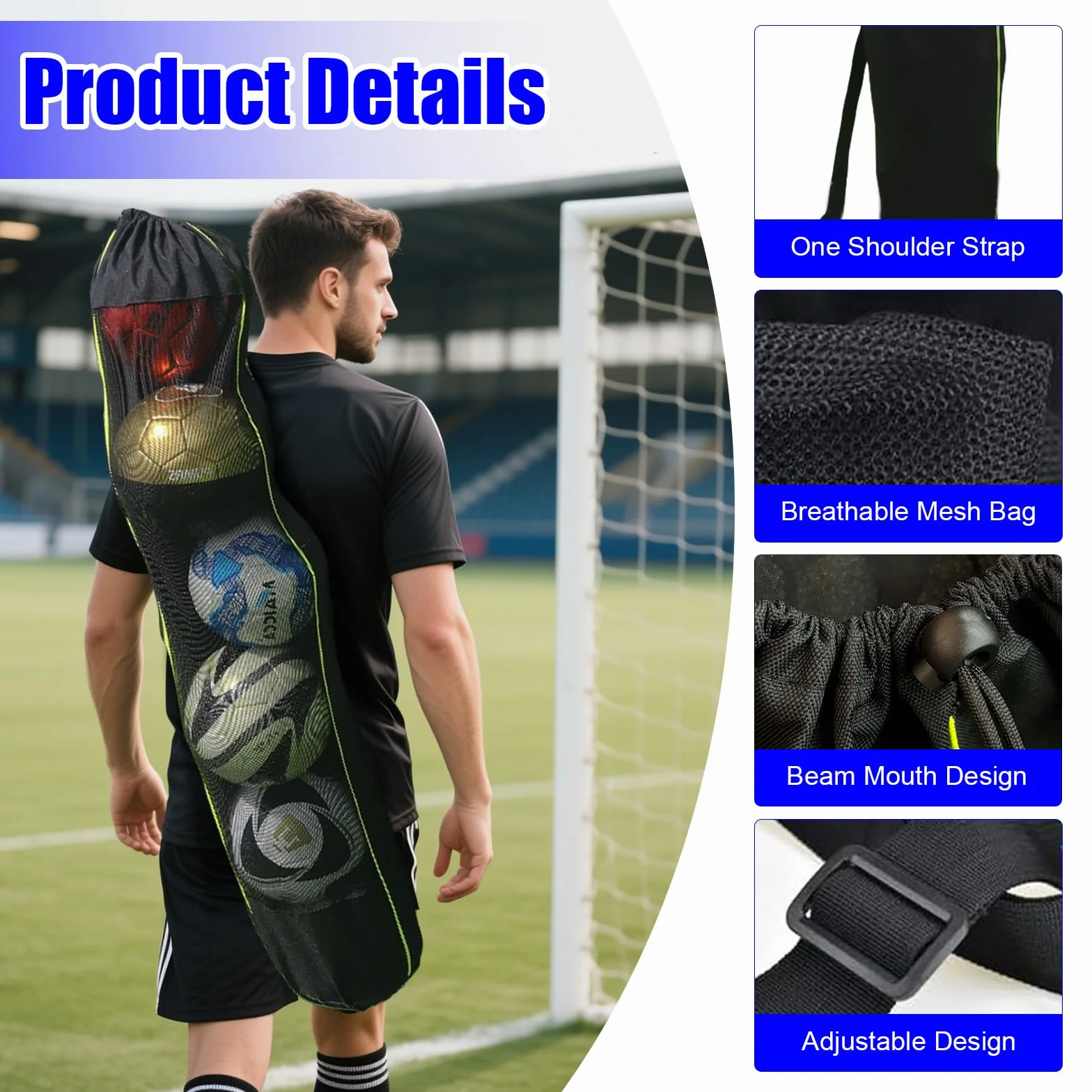 122x38cm Sac à Ballons, Sac de Football Long en Filet en Polyester pour 5 Balles, pour Ballon de Basket, Volley-Ball, Football, Rugby (Noir)