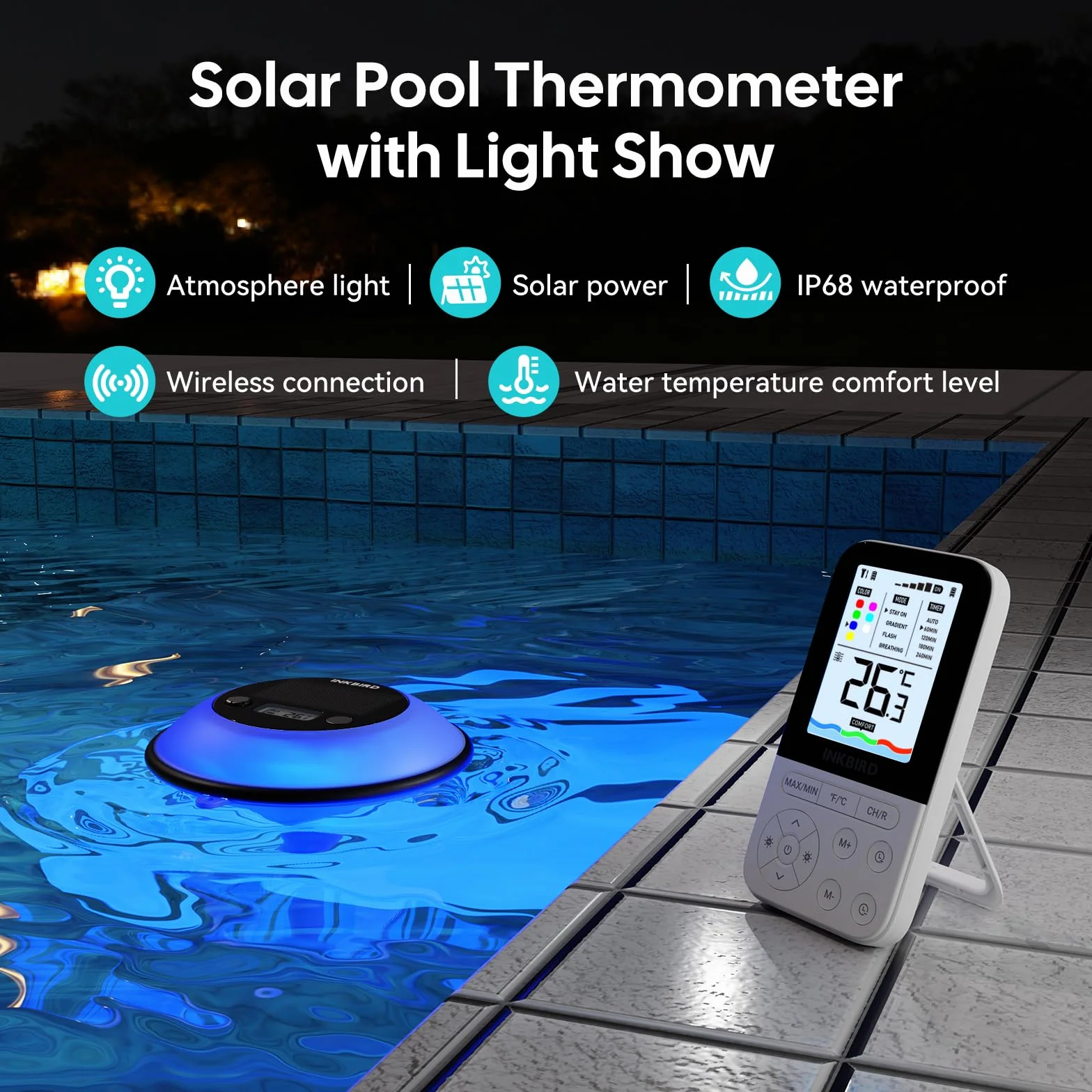 Inkbird IBS-P05R Thermomètre Piscine Solaire IP68 avec 7 Couleurs Lumière Sans Fil