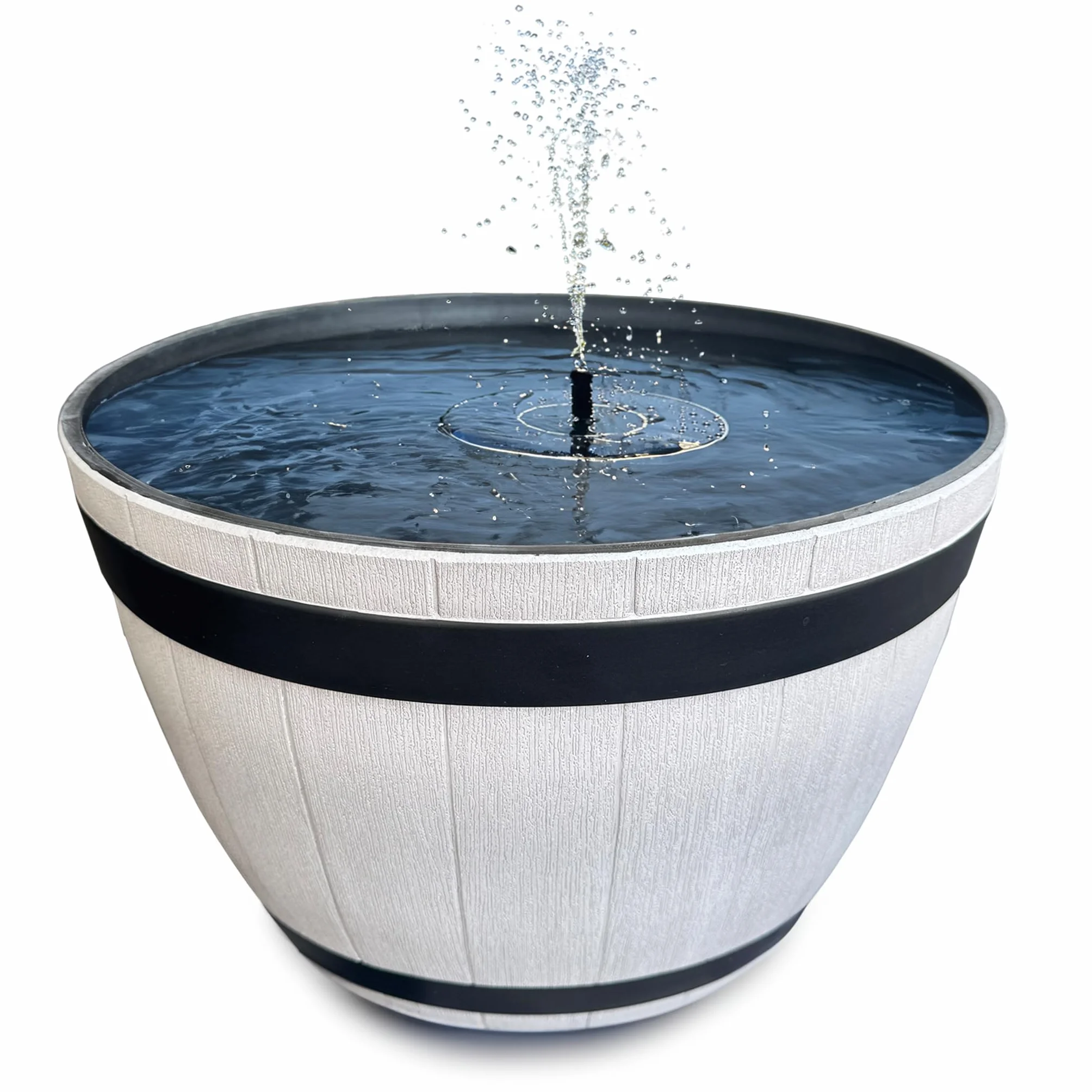 Fontaine solaire flottante aspect tonneau en bois 51 x 36 cm gris pour jardin