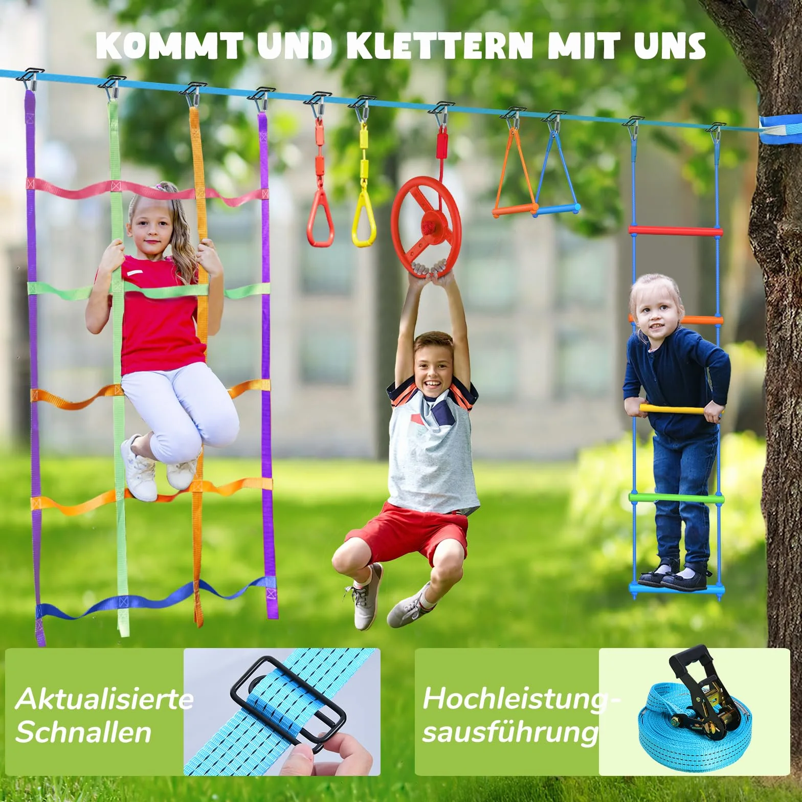 Hapfan Kit d'extérieur, pour enfant, de 15 m, avec poulie de corde, parcours ninja et balançoire, filet d'escalade, échelle d'escalade, anneau de gymnastique, protection des arbres, bleu