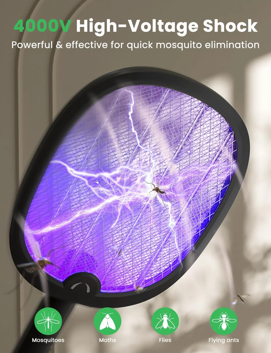 YISSVIC Raquette Electrique Anti Moustiques Pliable 4000V 1800mAh Rechargeable USB-C Noir