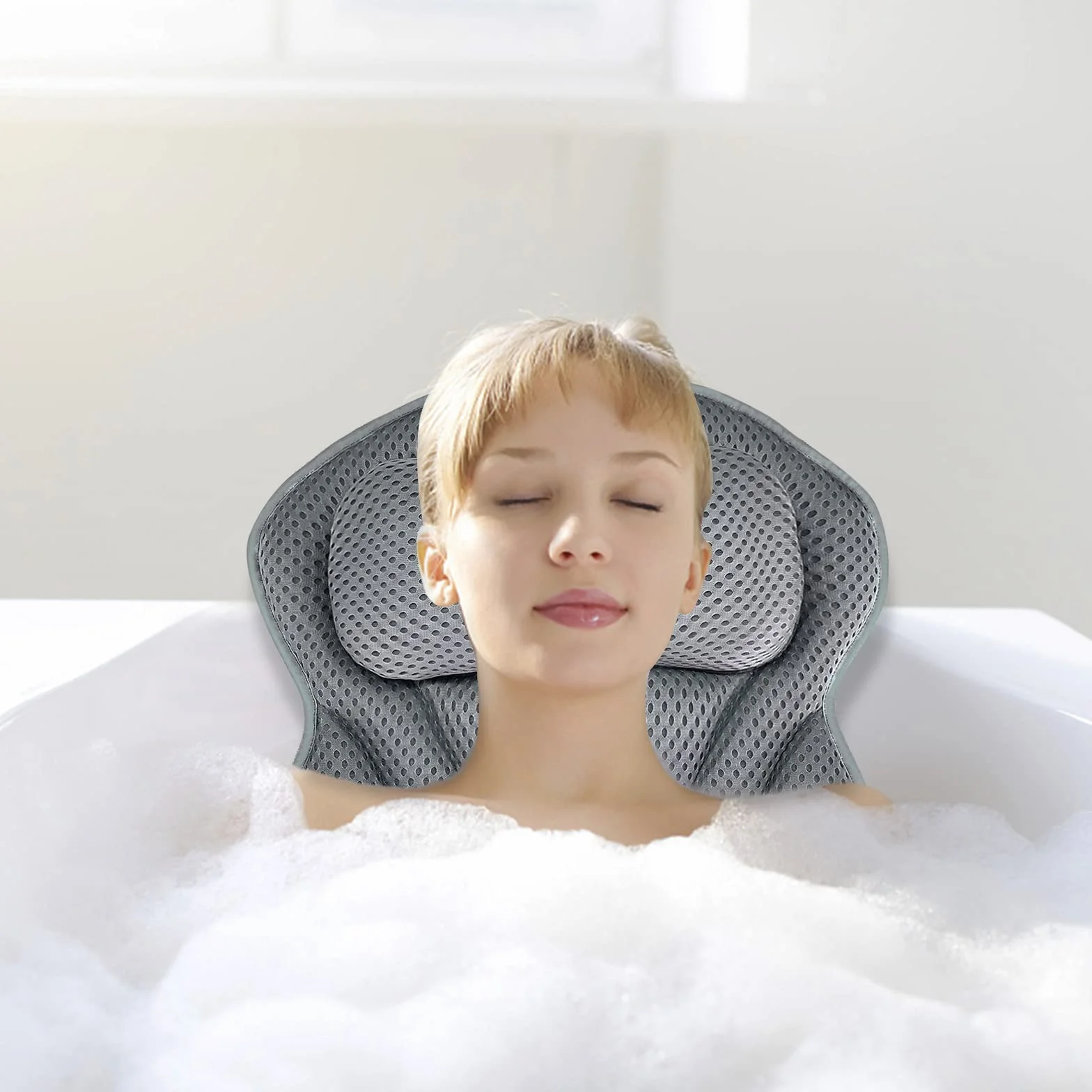 Coussins de Bain Baignoire 4D 6 Ventouses Antidérapant Oreiller Spa Jacuzzi Baignoire Grey