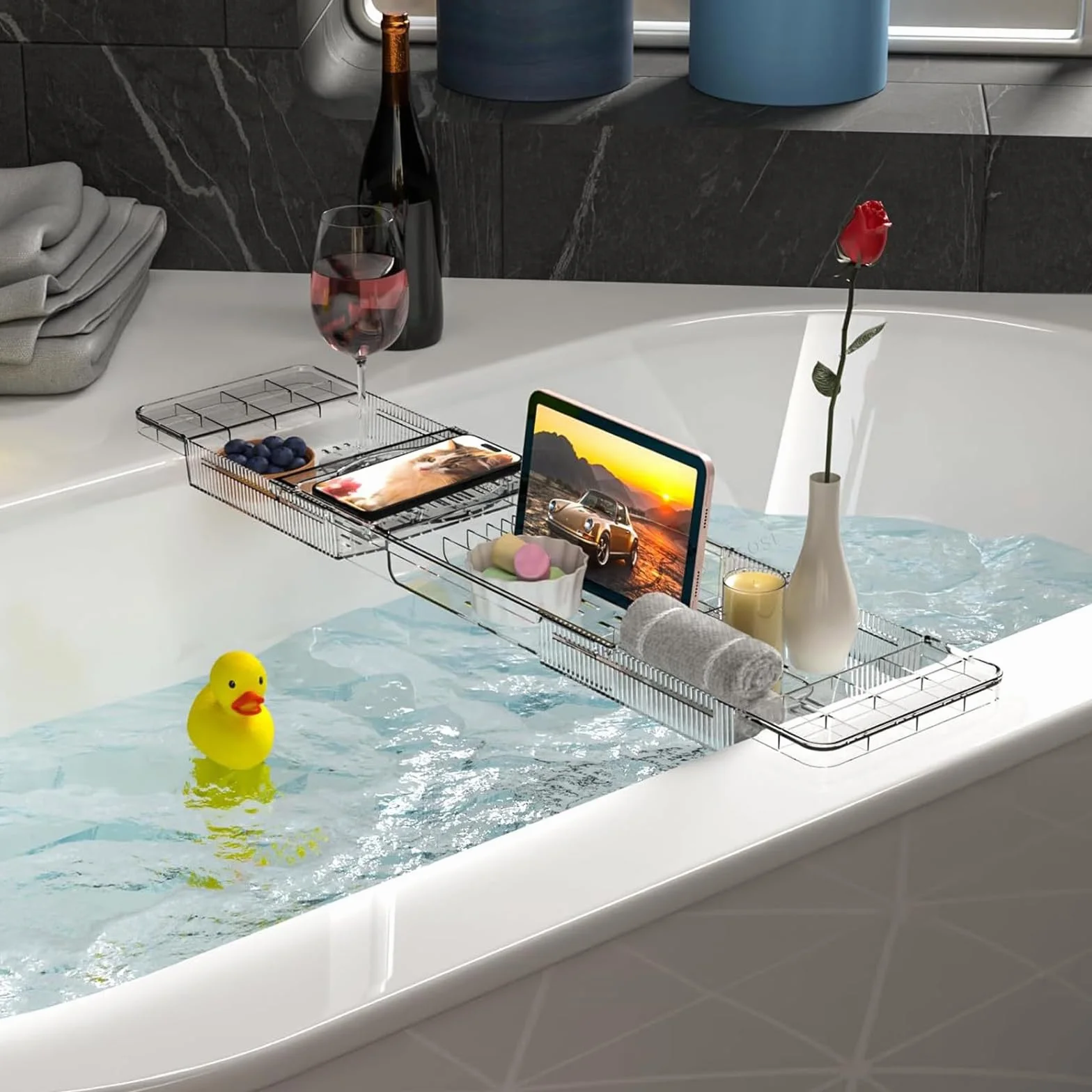 Plateau de baignoire réglable en plastique transparent avec évacuation d'eau