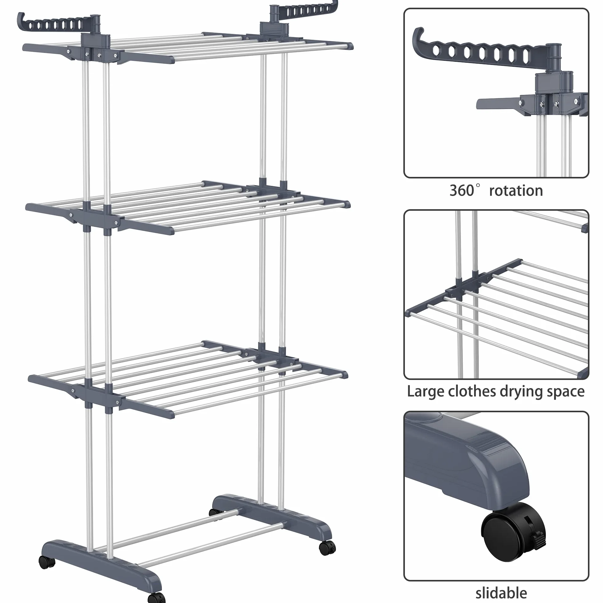 HOMIDEC Etendoir Linge Pliable 4 Niveaux Acier Inoxydable avec Roues Gris