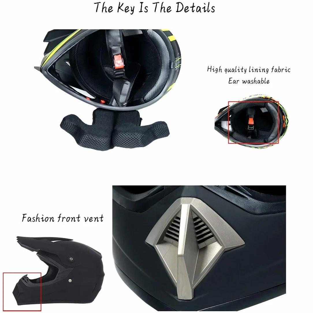 Jeunesse Enfant Casque Motocross, Unisexe Visage Complet MTB Hors Route Casque Moto VTT Scooter Accident Casque, BMX Descente Enduro Quadruple Vélo de Saleté Casque, avec Lunettes Gants Masque